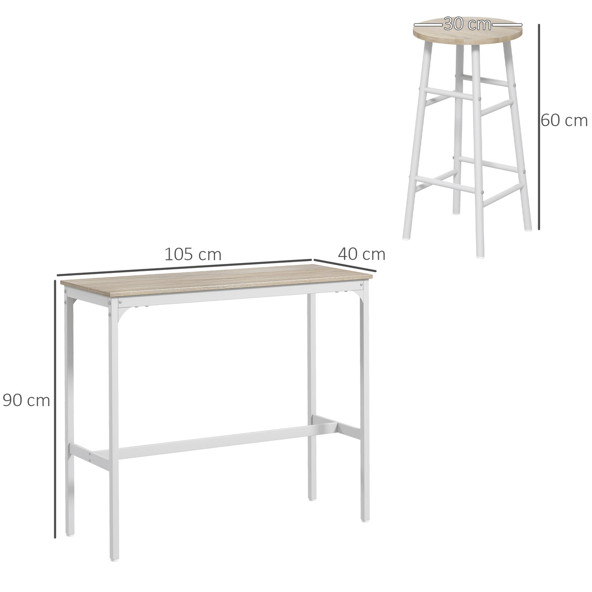 HOMCOM 3 Piece Bar Table Set with 2 Stools, Industrial Bar Table and Stool, Dining Table and Chair, Oak