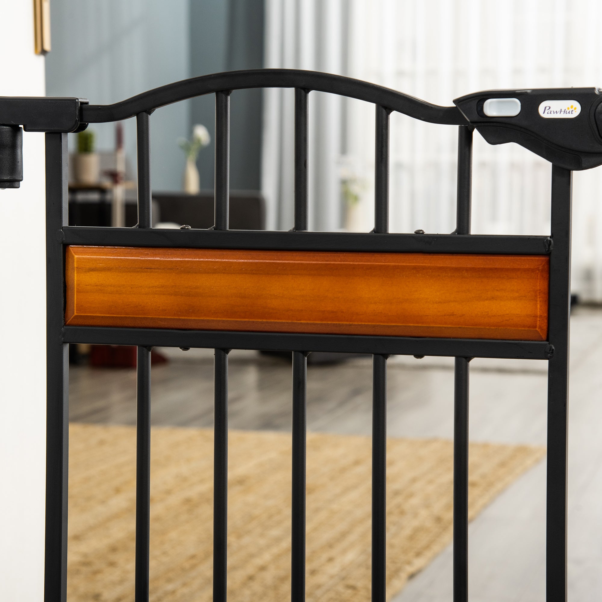 PawHut Pet Gate Safety Gate, with Cat Flap, Auto Close, for Staircases, Doorways, Hallways, 74-80cm Wide - Black - North Peak Garden Furniture