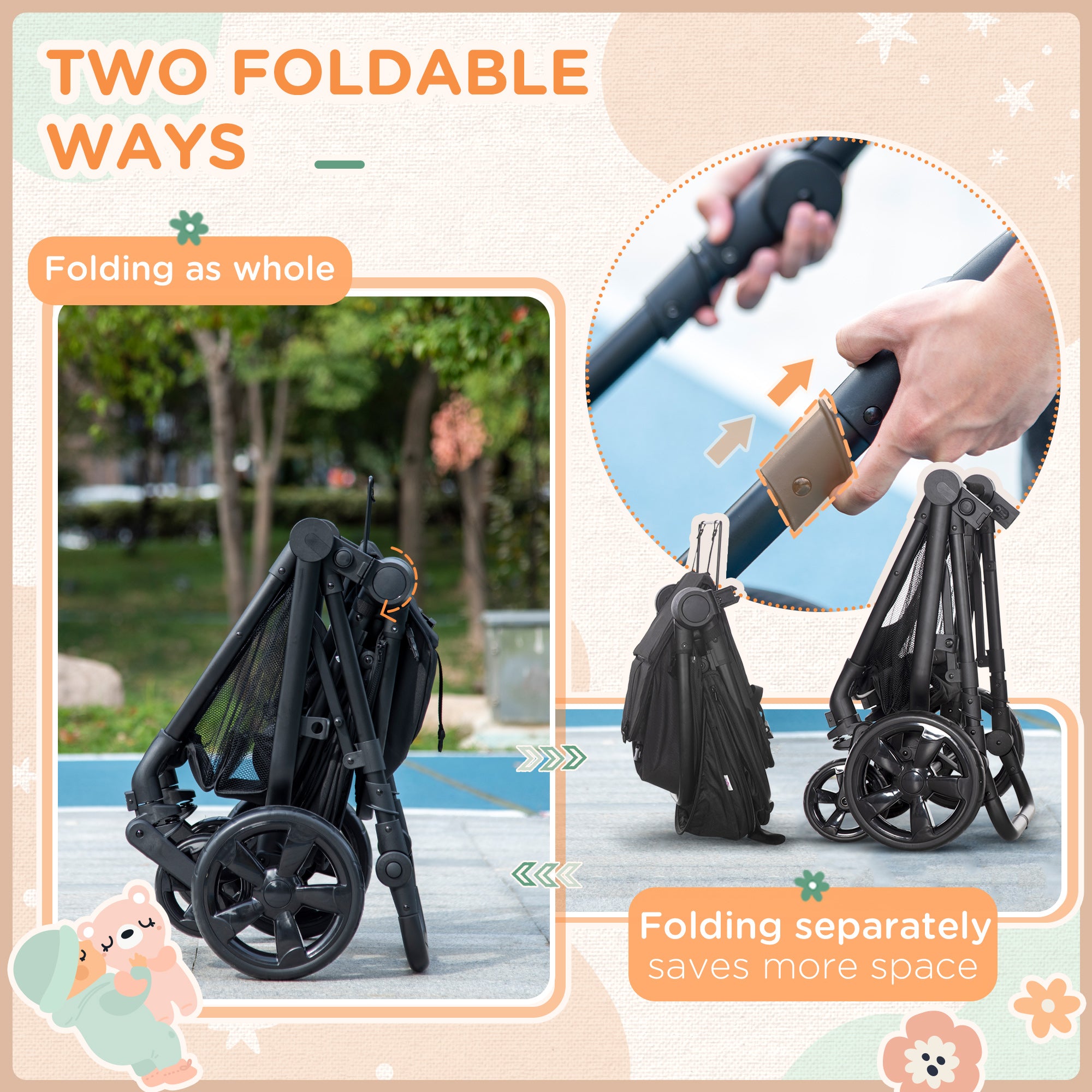 HOMCOM Foldable Baby Stoller, with Reclining Backrest, Adjustable Canopy, for Ages 0-36 Months - Black - North Peak Garden Furniture