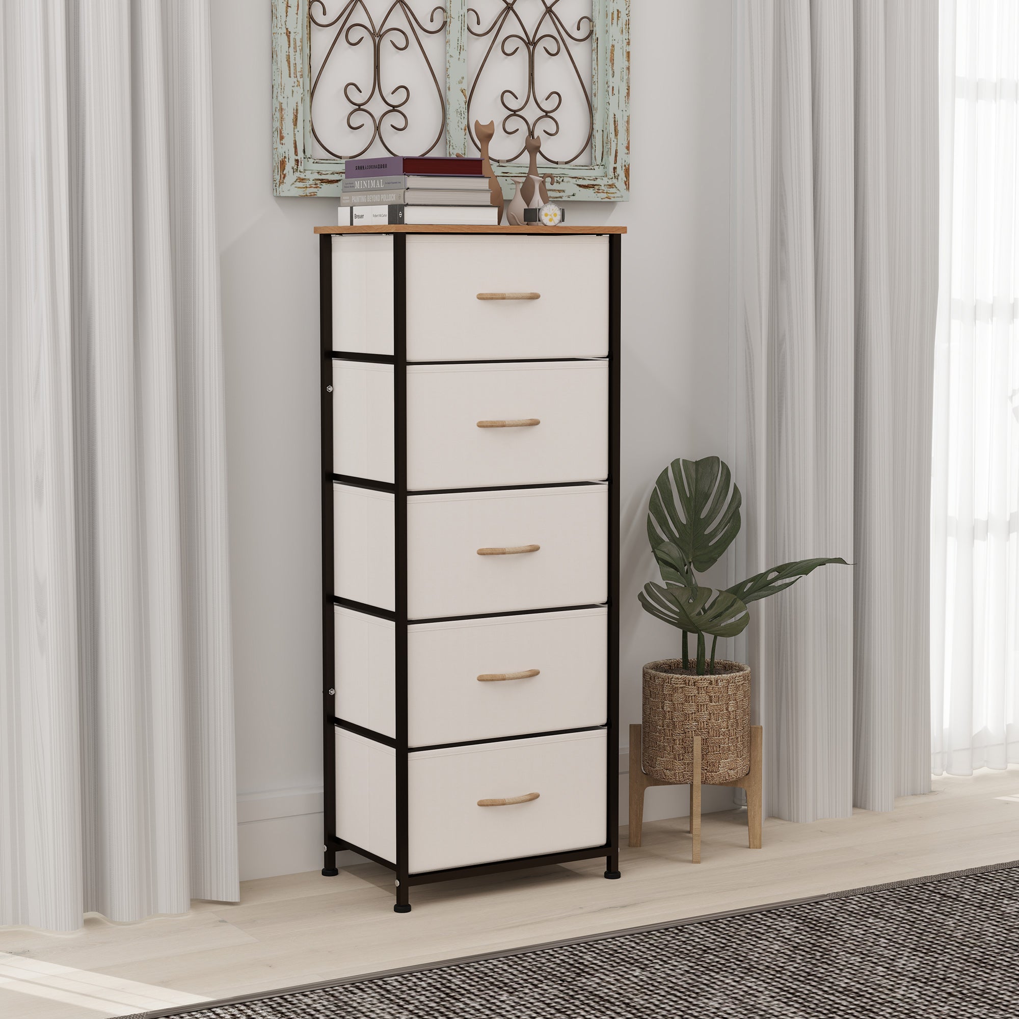 HOMCOM Fabric Chest of Drawers, Storage Drawers, Industrial Bedroom Dresser with 5 Fabric Drawers, Steel Frame and Wooden Top for Nursery, Living Room, Hallway, Cream White - North Peak Garden Furniture