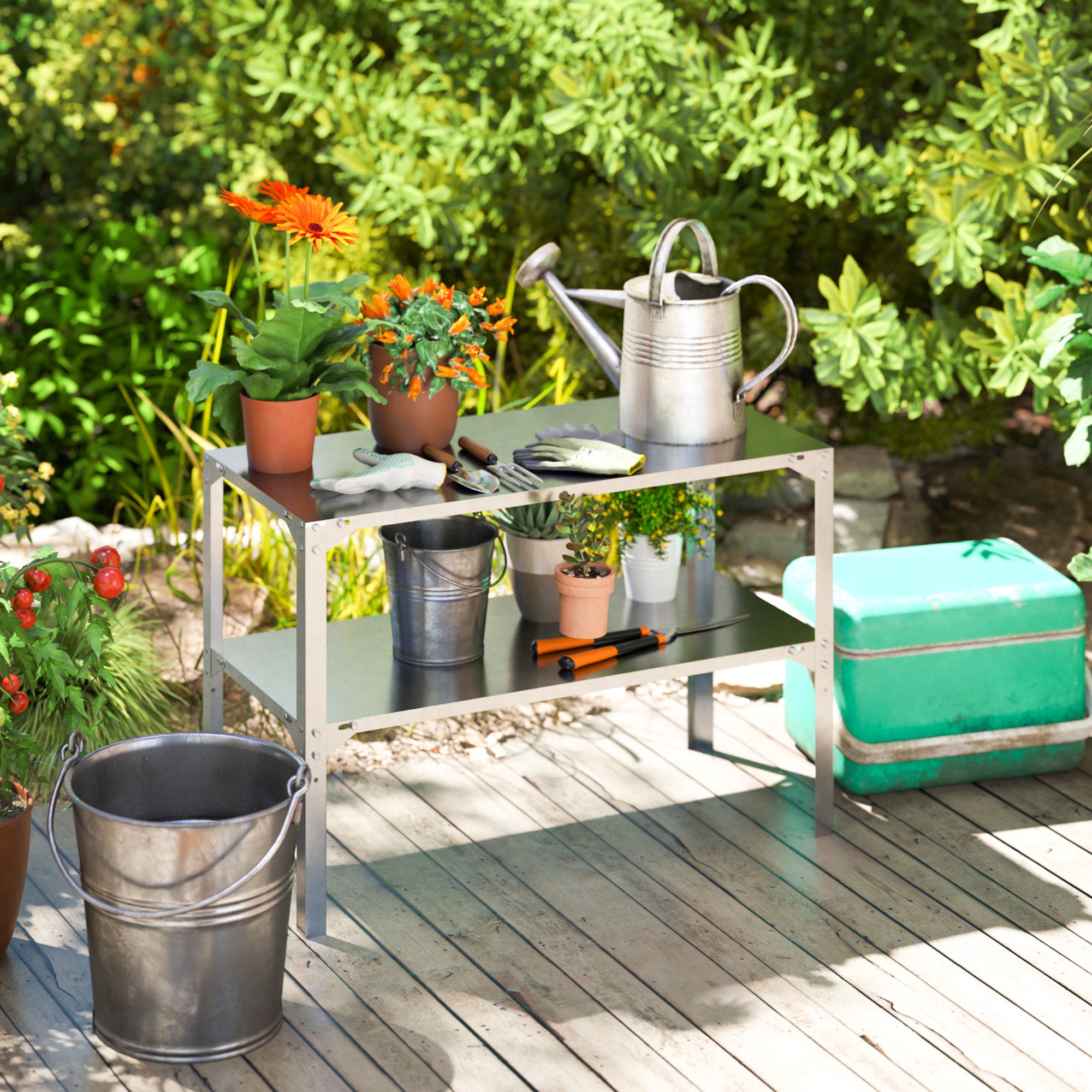 Outsunny 2 Tier Potting Bench Table, Galvanised Steel Garden Planting Work Bench Workstation with Storage Shelf for Outdoor, Patio, Greenhouse, 110 x 50 x 75 cm, Silver Tone - North Peak Garden Furniture