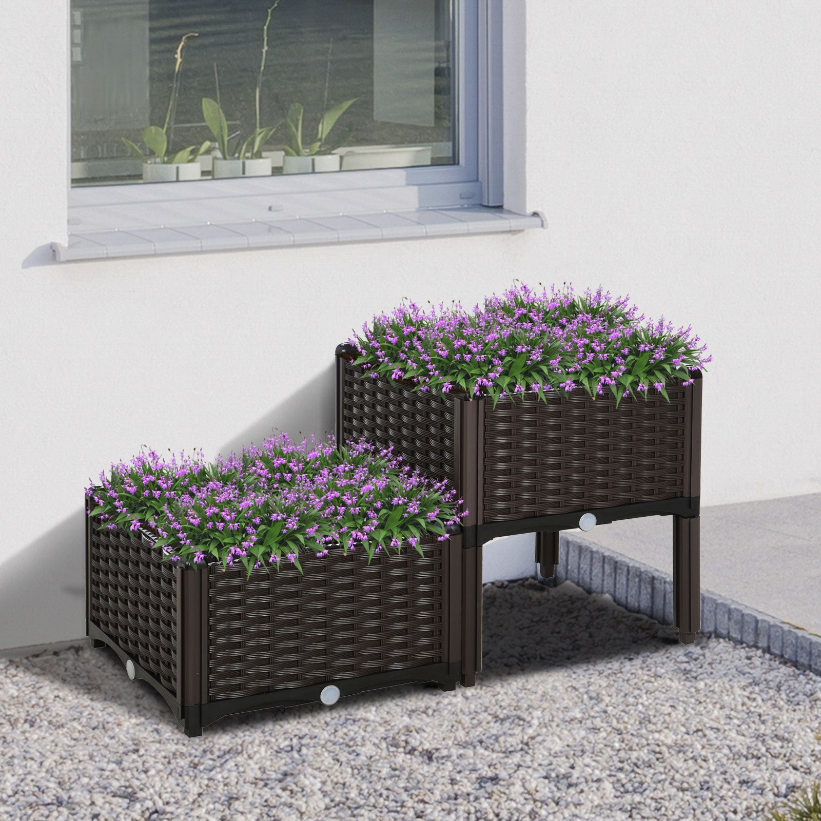 Outsunny Set of 2 26L Garden Raised Bed Elevated Patio Flower Plant Planter Box PP Vegetables Planting Container, Brown - North Peak Garden Furniture