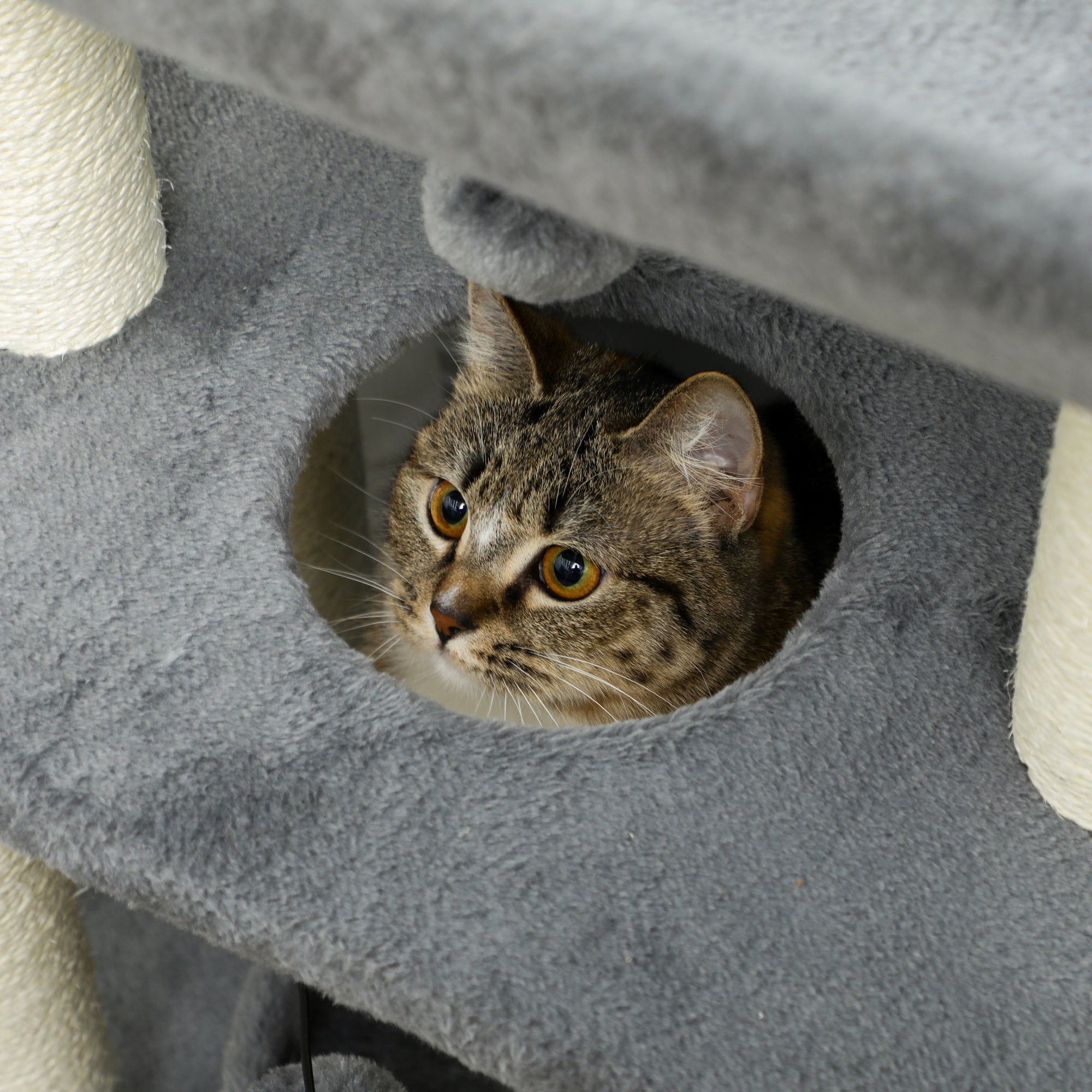PawHut Cat Tree Tower, with Scratching Posts, Pad, Bed, Perch, Toy Ball - Light Grey - North Peak Garden Furniture