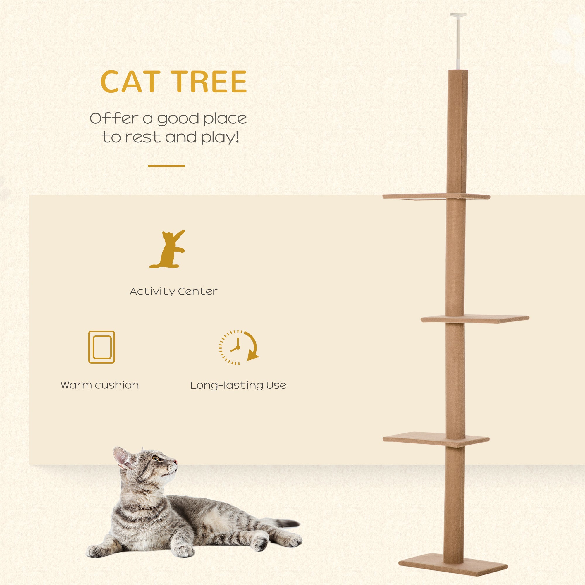 PawHut 260cm Floor To Ceiling Cat Tree for Indoor Cats w/ Three Platforms Activity Centre - Brown