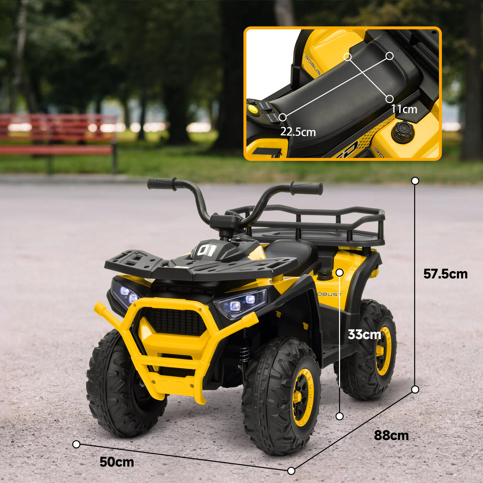 AIYAPLAY 12V Kids Electric Ride on ATV, Battery Powered Quad Bike w/ Spring Suspension, Forward Backward, Storage Basket - Yellow - North Peak Garden Furniture