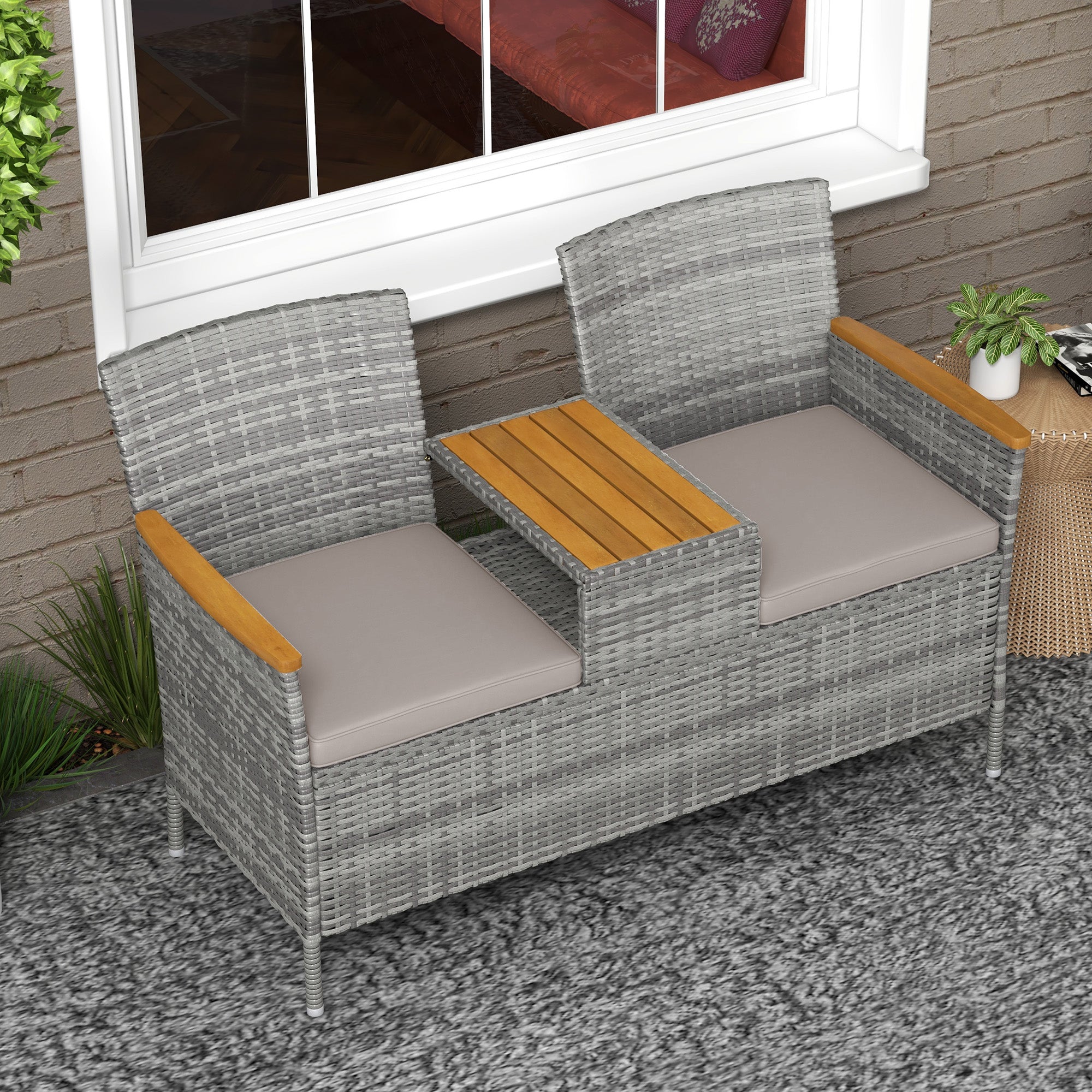 Outsunny Two-Seat Rattan Loveseat, with Wood-Top Middle Table - Grey - North Peak Garden Furniture