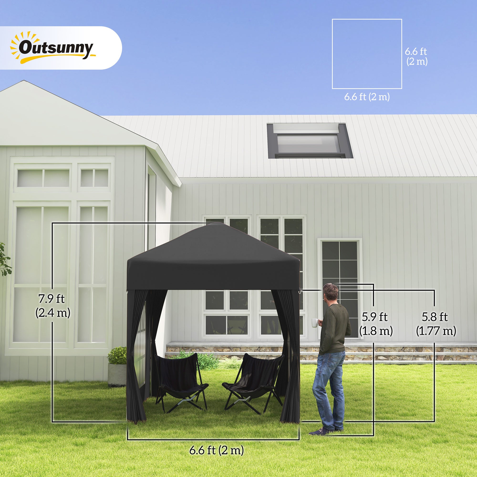 Outsunny 2 x 2 m Garden Pop Up Gazebo, Wedding Party Tent Marquee, Water Resistant Awning Canopy with Sidewalls, Windows, Carry Bag, Black - North Peak Garden Furniture