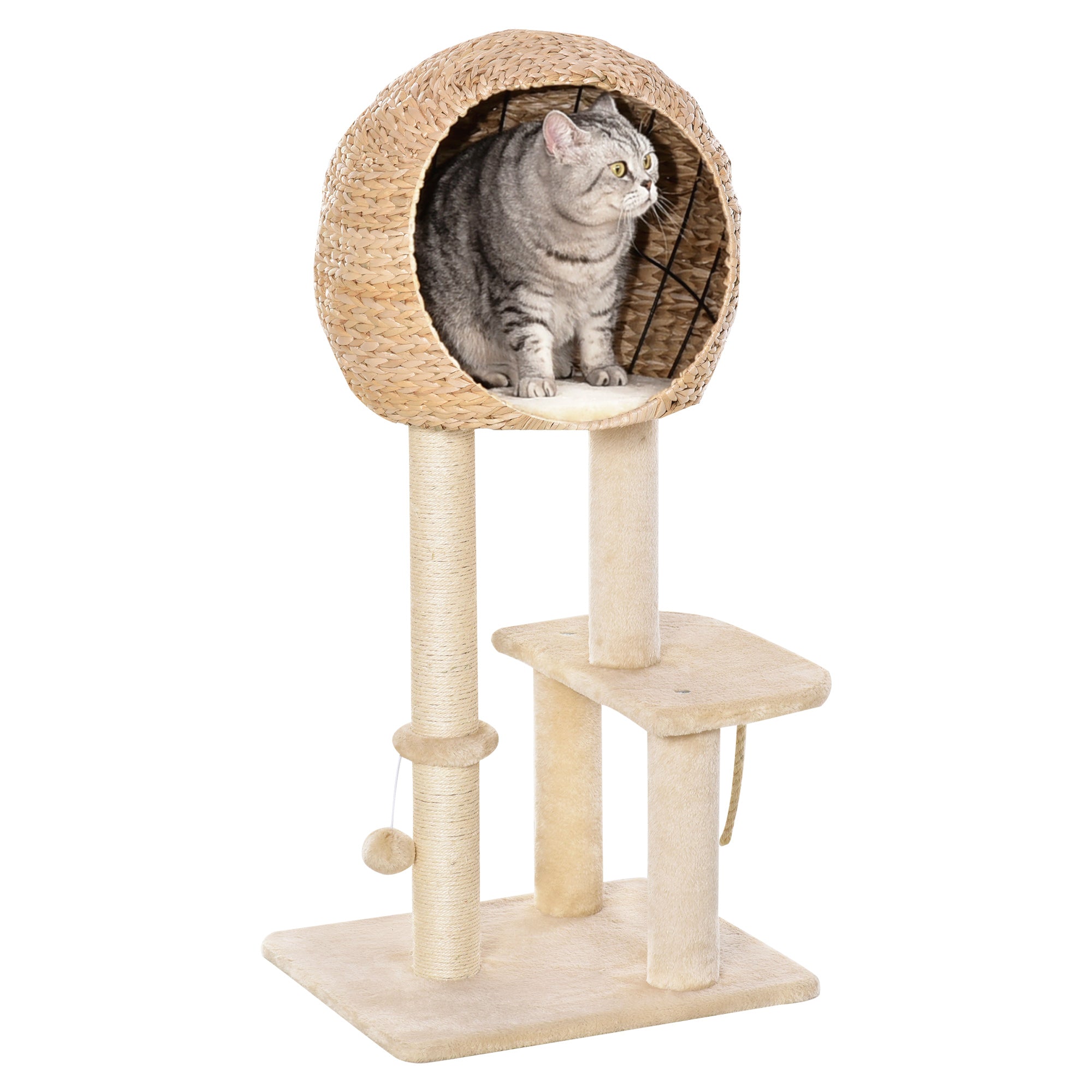 PawHut Cat Tree for Indoor Cats 100cm Kitten Climbing Tower Activity Center with Sisal Scratching Post Condo Perch Hanging Balls Teasing Rope Toy Cushion