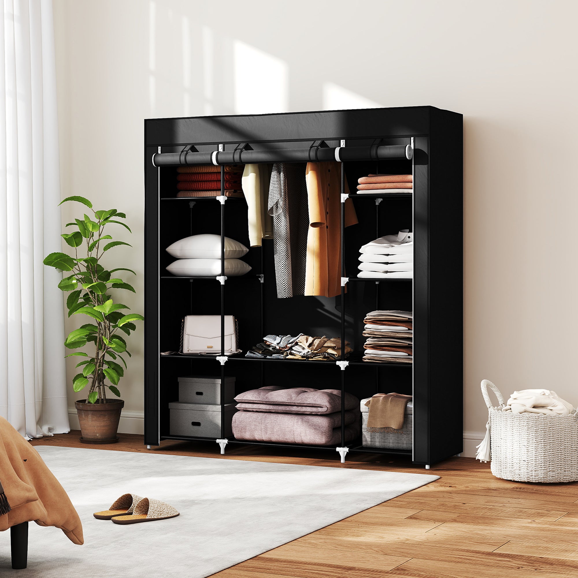 HOMCOM Portable Wardrobe, Foldable Fabric Wardrobe, 150 x 43 x 162.5cm, Clothes Storage Organiser with Hanging Rail, Shelves, Fabric Cover for Bedroom, Black - North Peak Garden Furniture