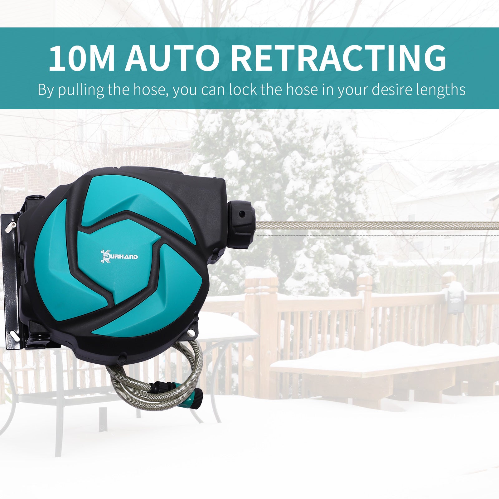 DURHAND 10m Garden Auto Hose Reel Wall Mounted Retractable 7 Patterns Spray Nozzle - North Peak Garden Furniture