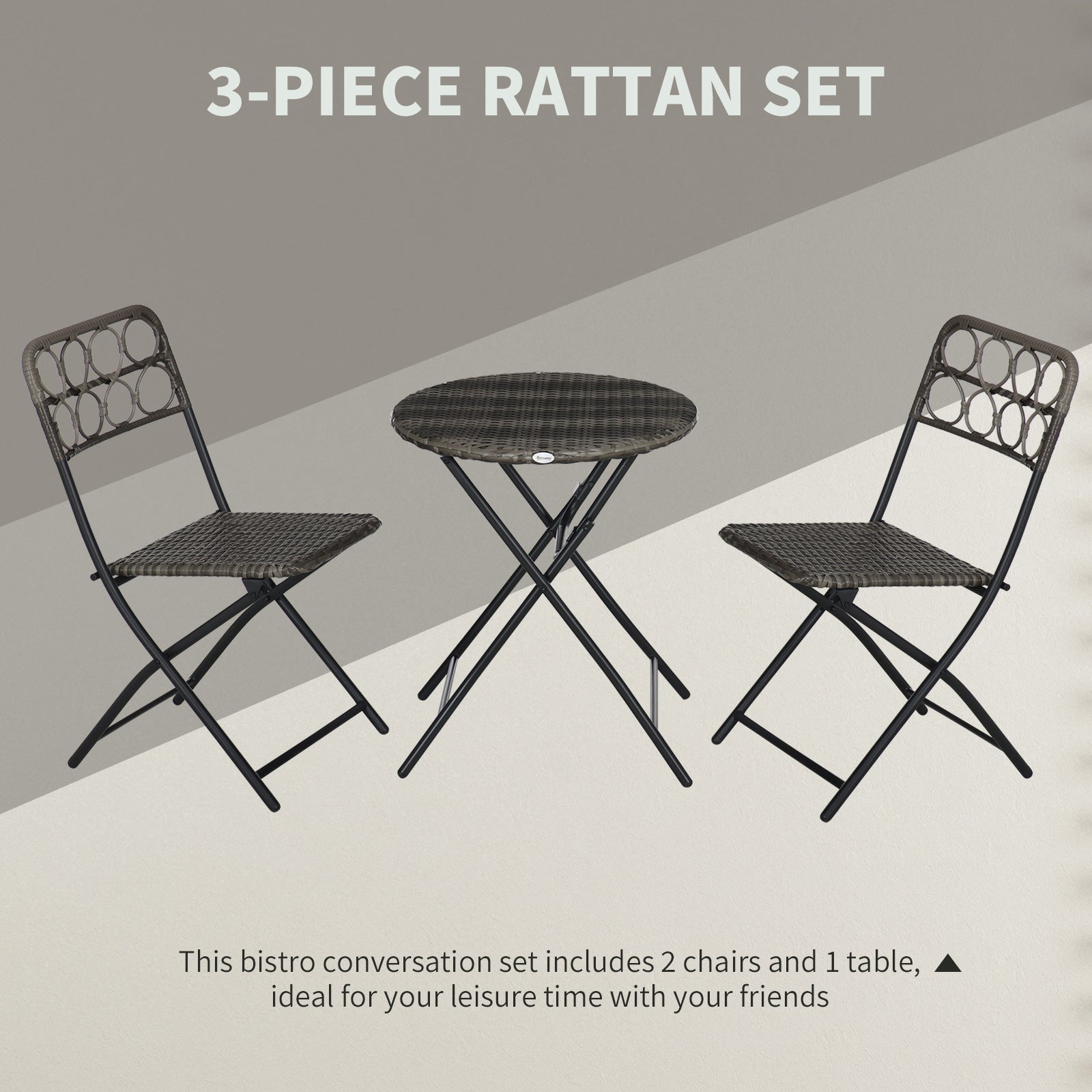Outsunny 3 Pieces Rattan Bistro Set, Wicker Folding Garden Furniture Set with Coffee Table and Chairs for Outdoor, Patio, Balcony, Grey - North Peak Garden Furniture