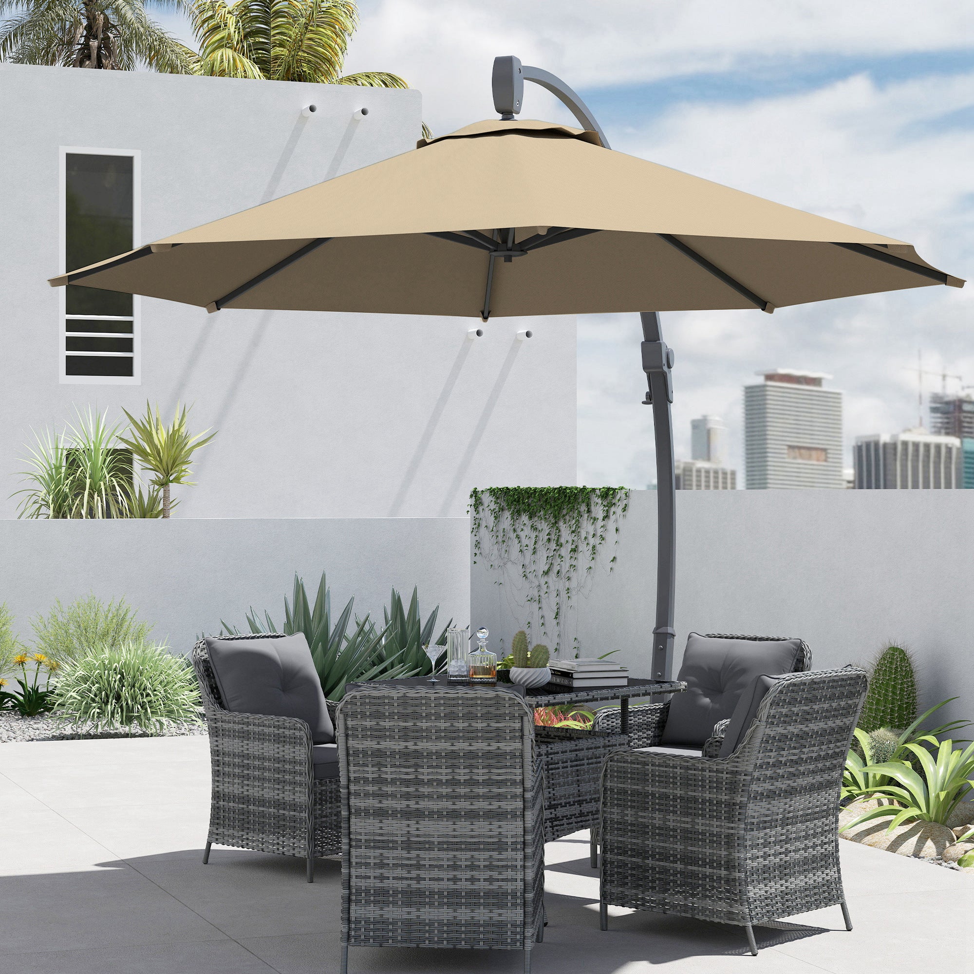 Outsunny 3(m) Garden Cantilever Parasol, Round Overhanging Umbrella with Crank Handle, Cross Base, Aluminium Frame and 360° Rotation, Banana Patio Umbrella for Outdoor Sun Shade, Khaki - North Peak Garden Furniture