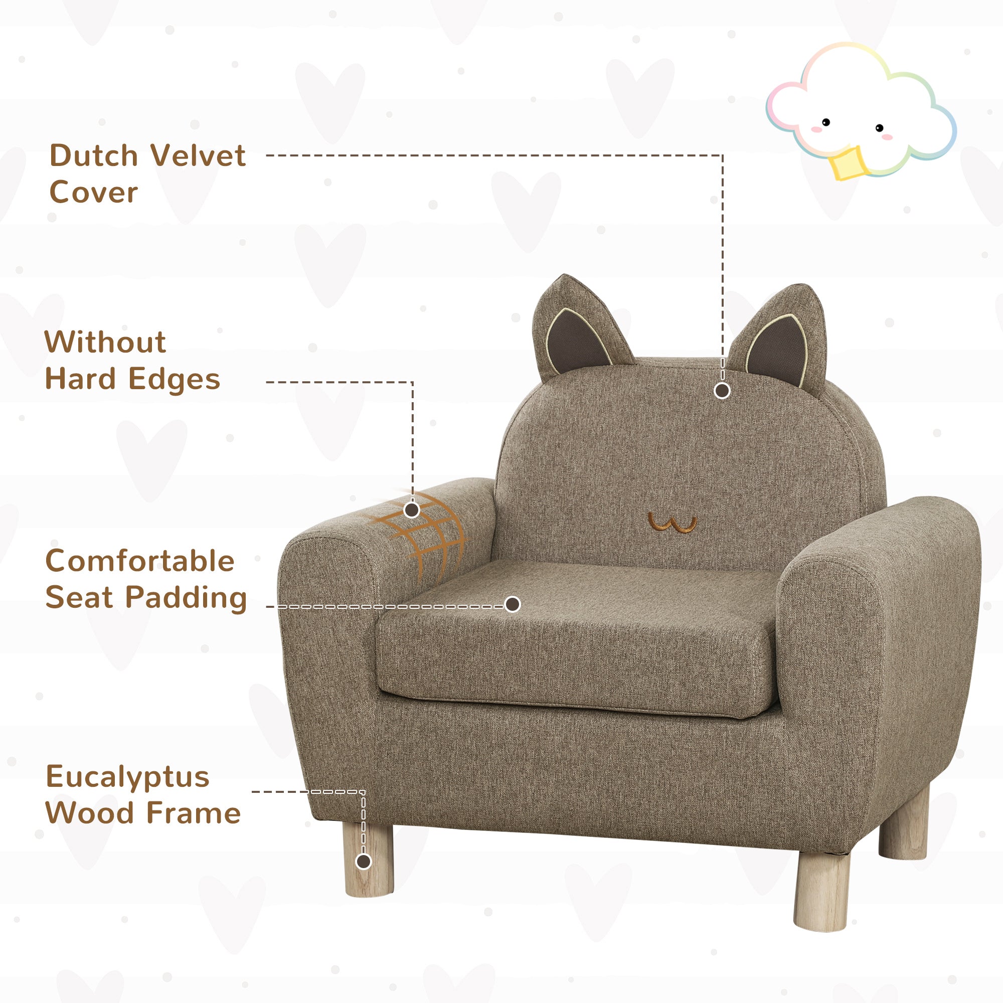 HOMCOM Kids Sofa Toddler Chair Children Armchair for Preschool Bedroom Playroom with Ear Modeling Wood Brown - North Peak Garden Furniture