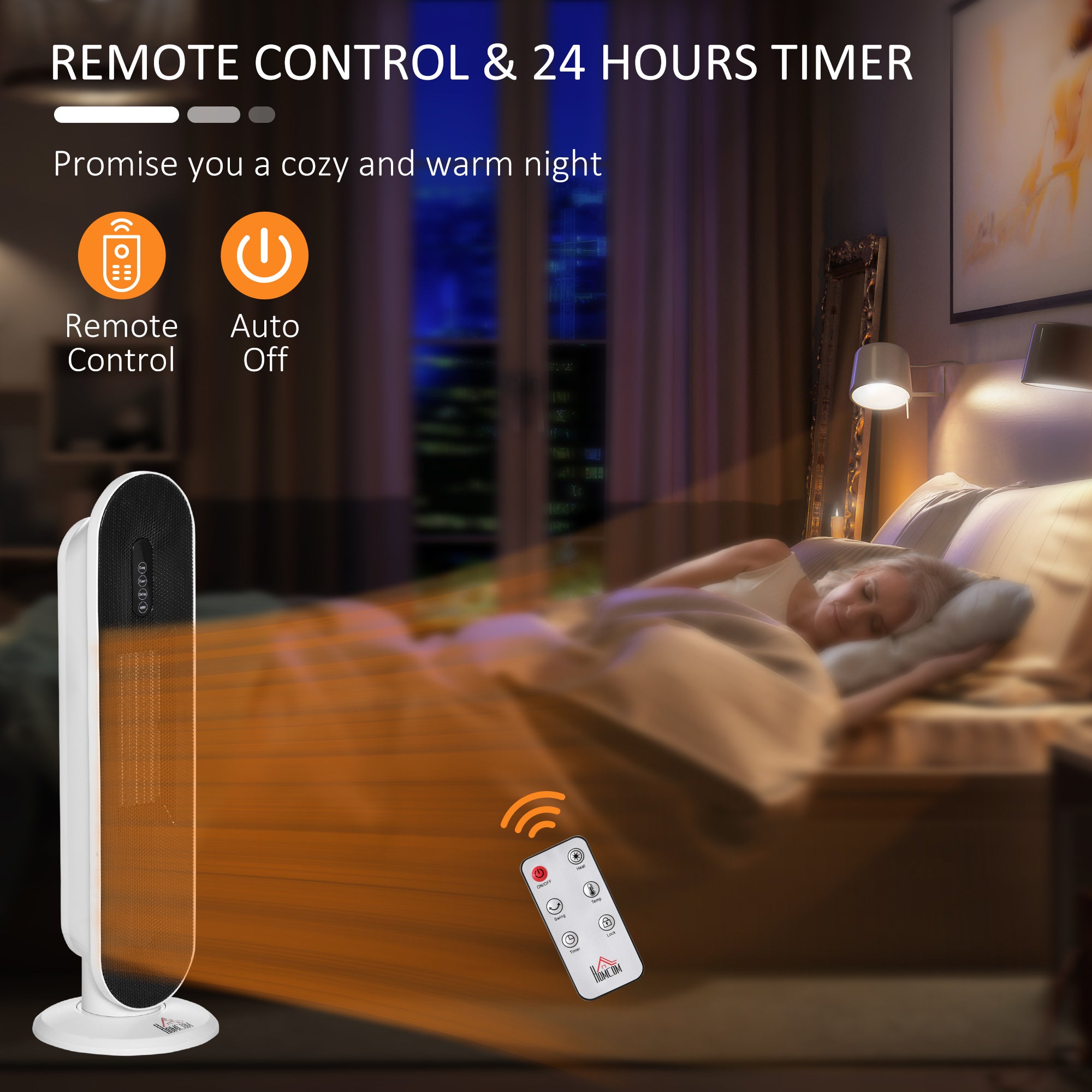 HOMCOM Ceramic Space Heater, Indoor Tower Heater with 2 Heat, Oscillation, Remote Control, Timer, Tip-Over & Overheating Protection, 1200W/2000W, White - North Peak Garden Furniture