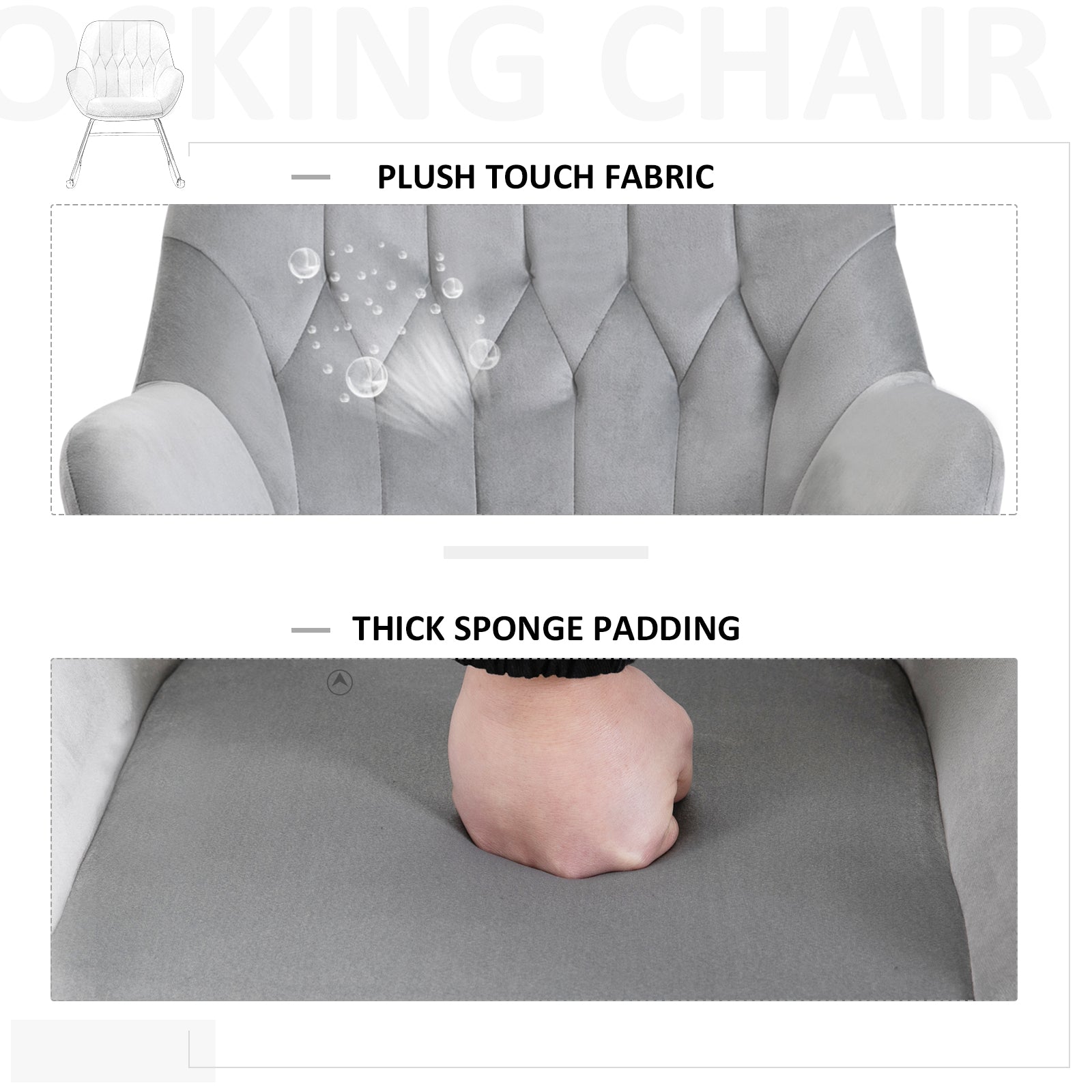 HOMCOM Rocking Chair Reading Accent Armchair with Steel Frame Sponge Padded for Living Room, Dining Room, Office, Balcony, Grey and Black - North Peak Garden Furniture