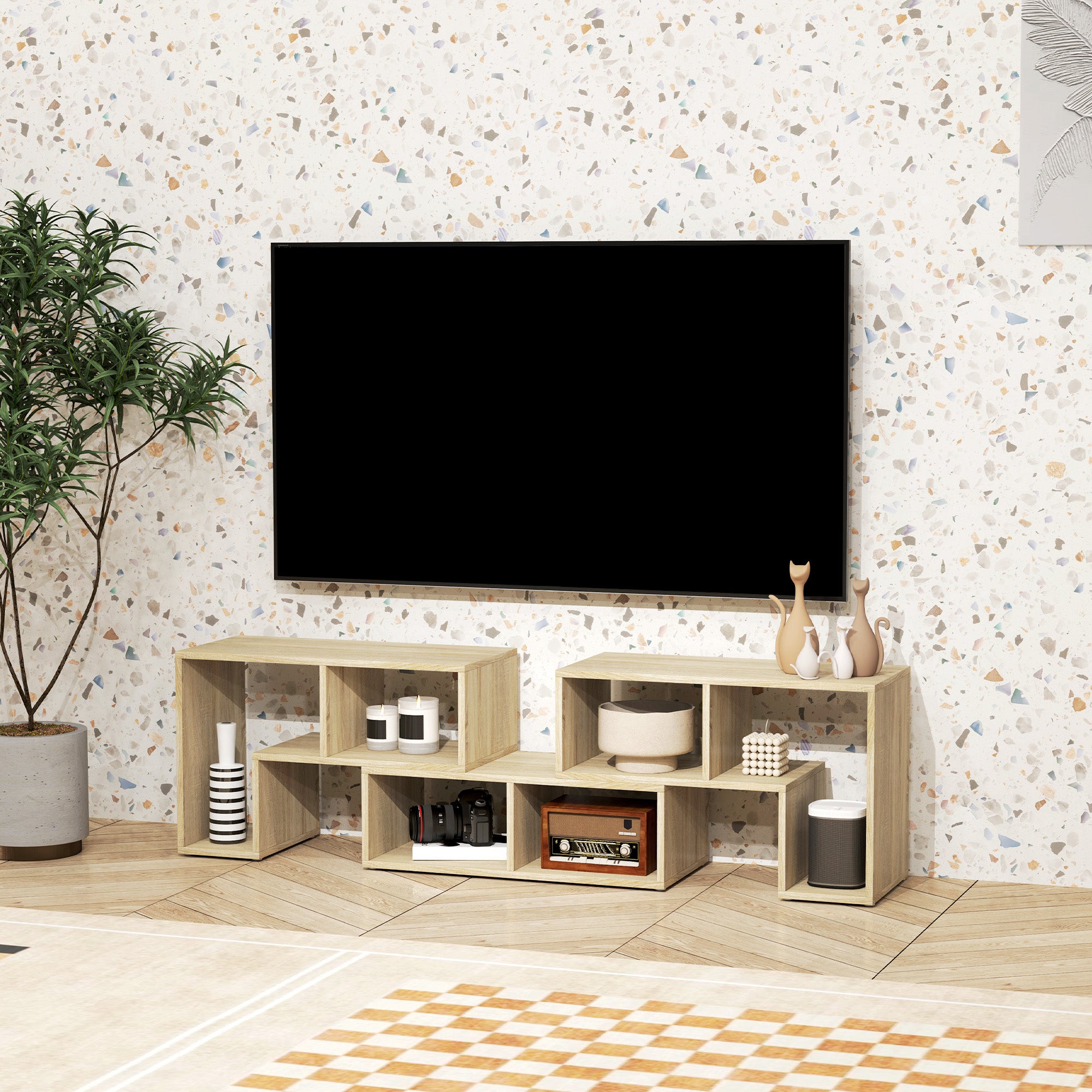 HOMCOM TV Stand for TVs up to 75 Inches, Free Combination TV Unit with Storage Shelves, Extendable Entertainment Centre for Living Room, Grey Oak Wood Grain - North Peak Garden Furniture