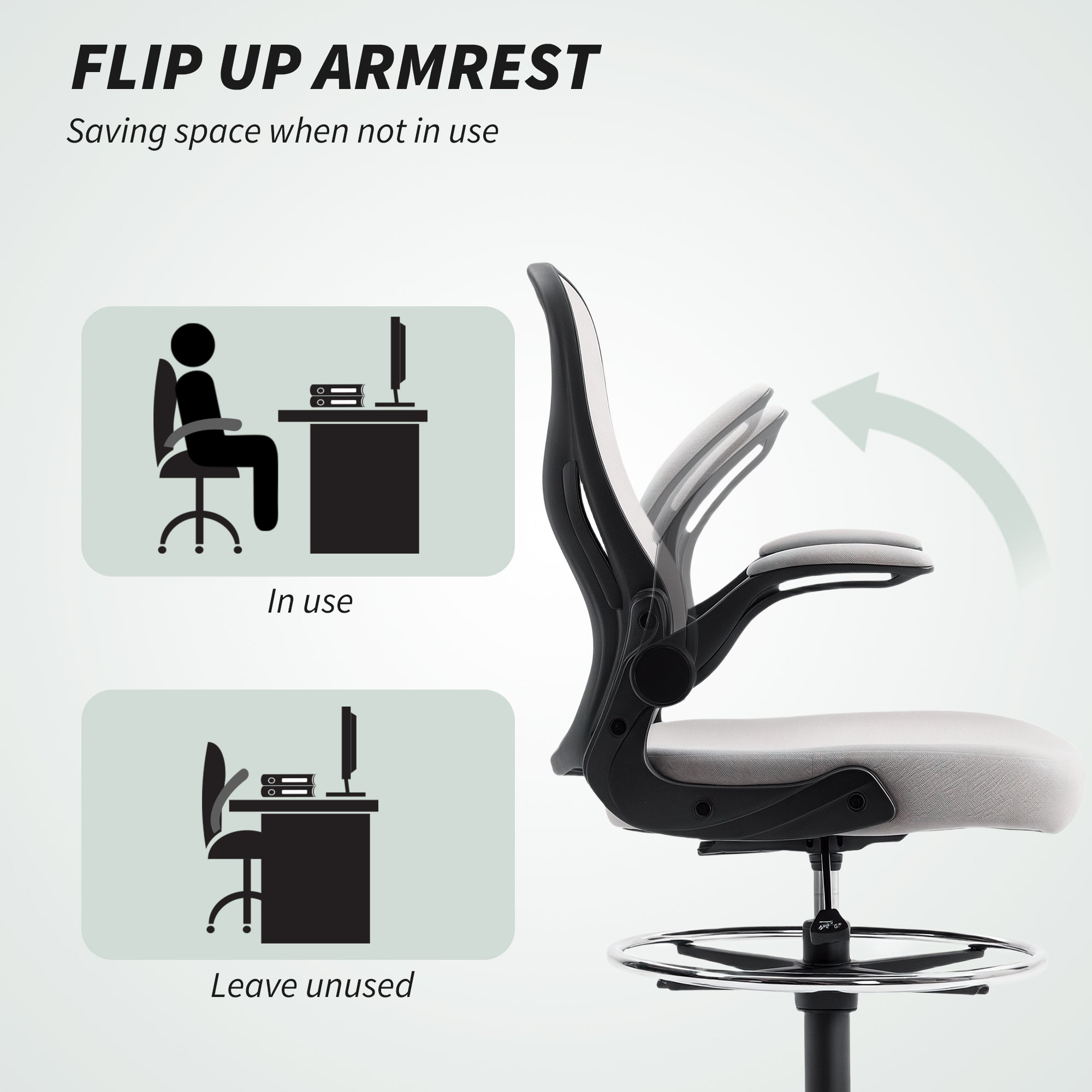 Vinsetto Adjustable Mesh Standing Desk Chair with Flip-up Armrests Lumbar Support Armrests Adjustable Footrest Ring Grey