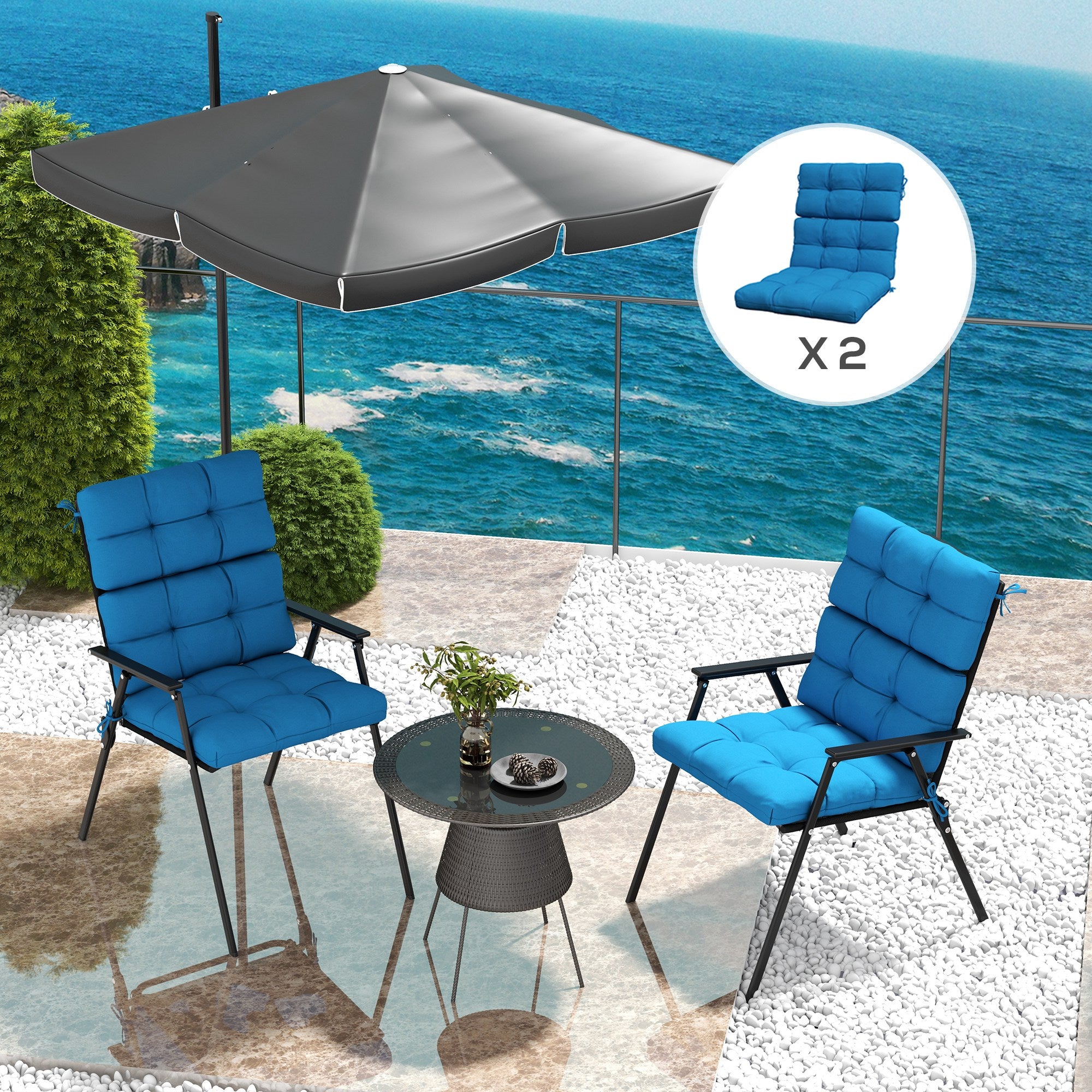 Outsunny 2-Piece Seat Cushion Replacement with Backrest, Garden Patio Chair Cushions Set with Ties, Blue