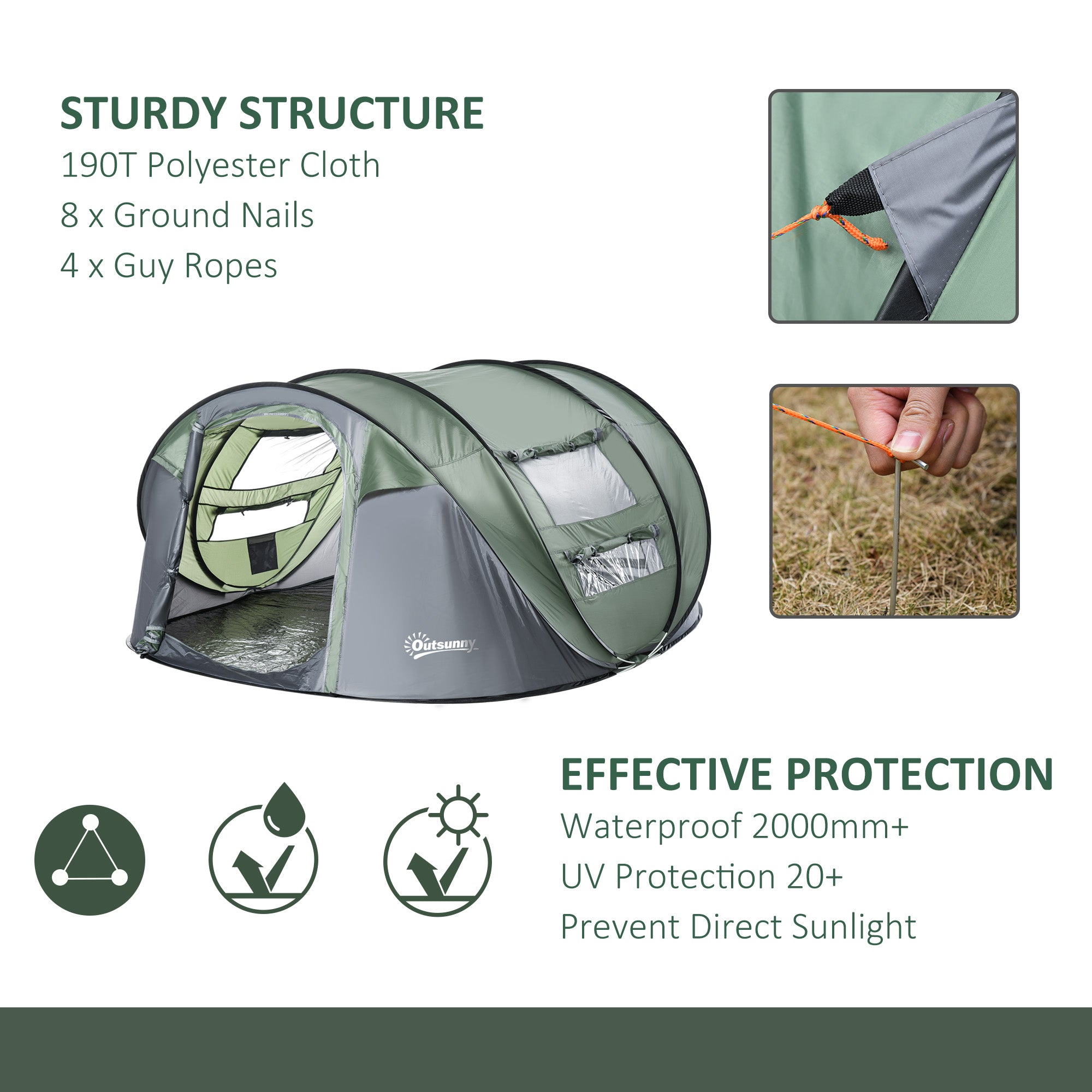 Outsunny 4-5 Person Pop-up Camping Tent Waterproof Family Tent w/ 2 Mesh Windows & PVC Windows Portable Carry Bag for Outdoor Trip, Dark Green - North Peak Garden Furniture