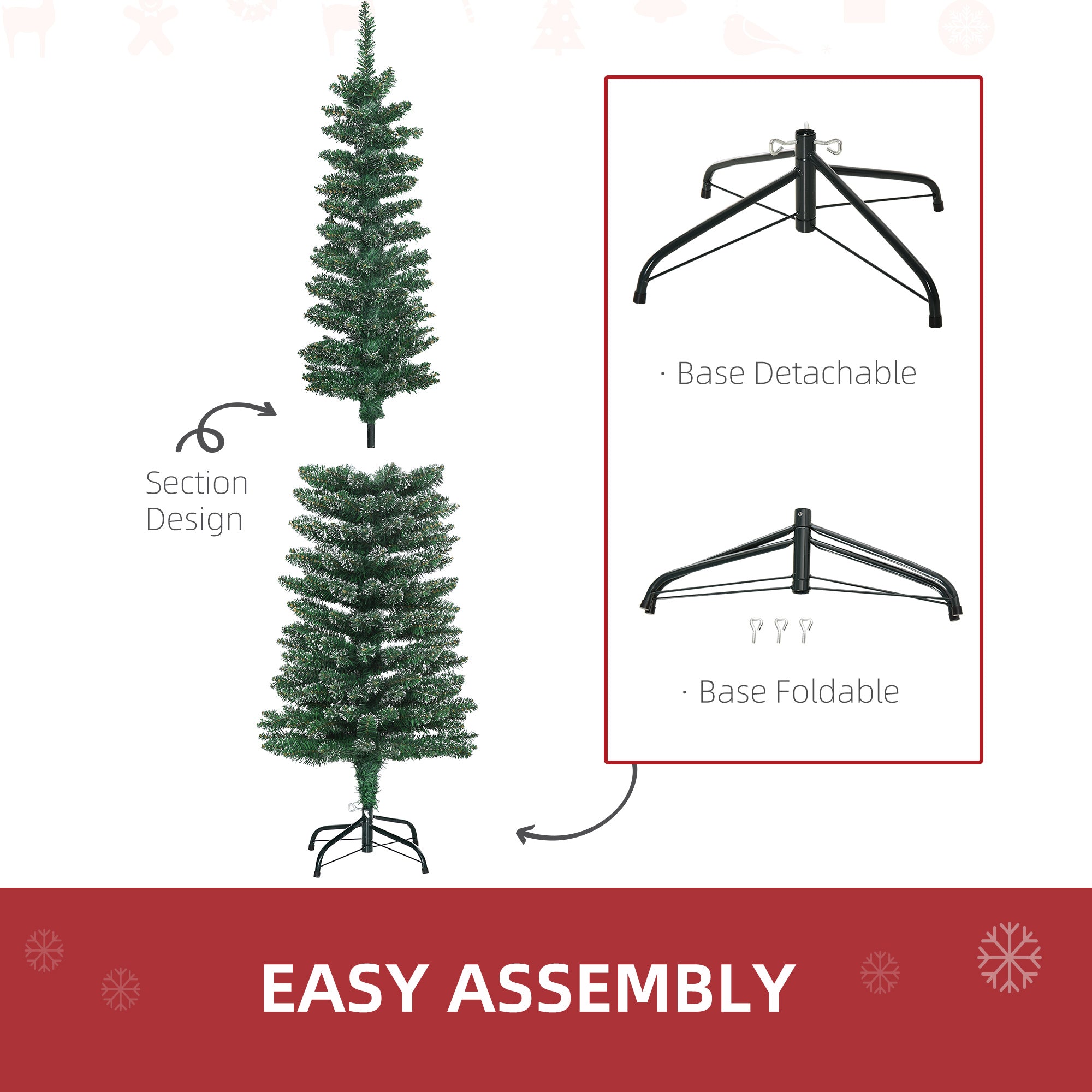 HOMCOM 5.5FT Artificial Snow Dipped Christmas Tree Xmas Pencil Tree Holiday Home Indoor Decoration with Foldable Black Stand, Green - North Peak Garden Furniture