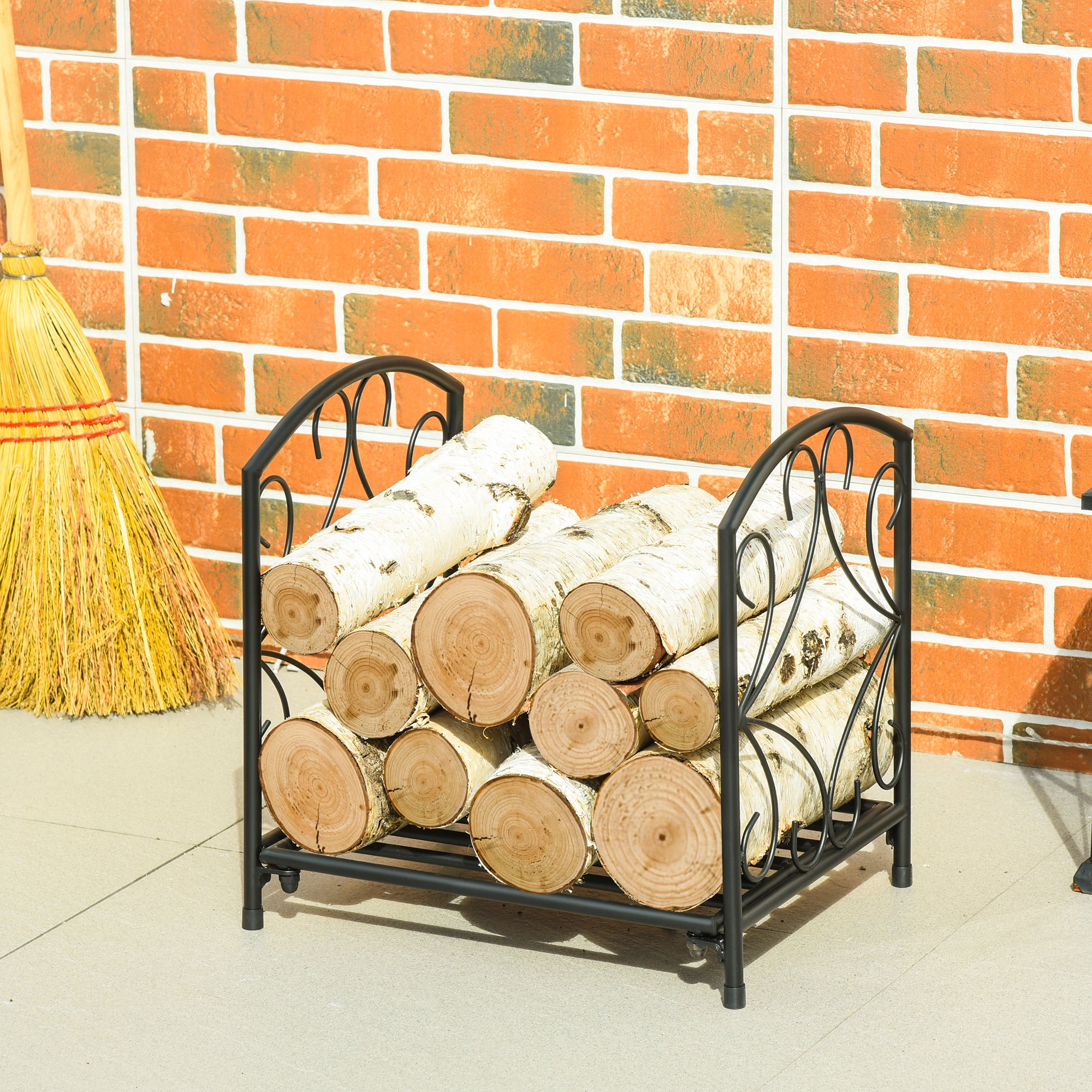 Outsunny Metal Firewood Log Holder Indoor Outdoor Firewood Rack Fireplace Wood Storage Shelf w/ Elegant Scrolls, Rust-Resistant, Black, 39.5L x 31.5W x 39.5H cm - North Peak Garden Furniture