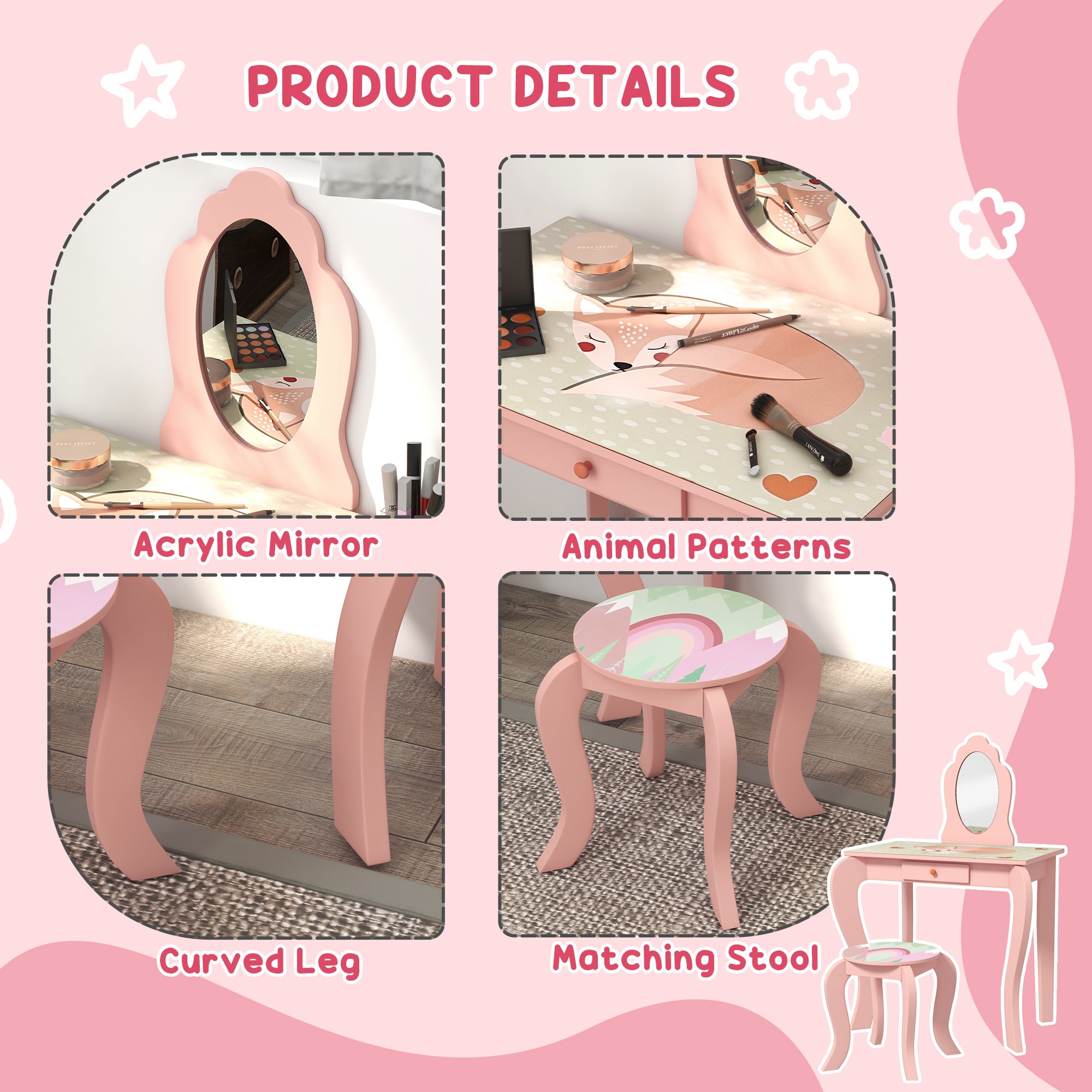ZONEKIZ Kids Dressing Table with Mirror, Stool, Drawer, Cute Animal Design - Pink - North Peak Garden Furniture