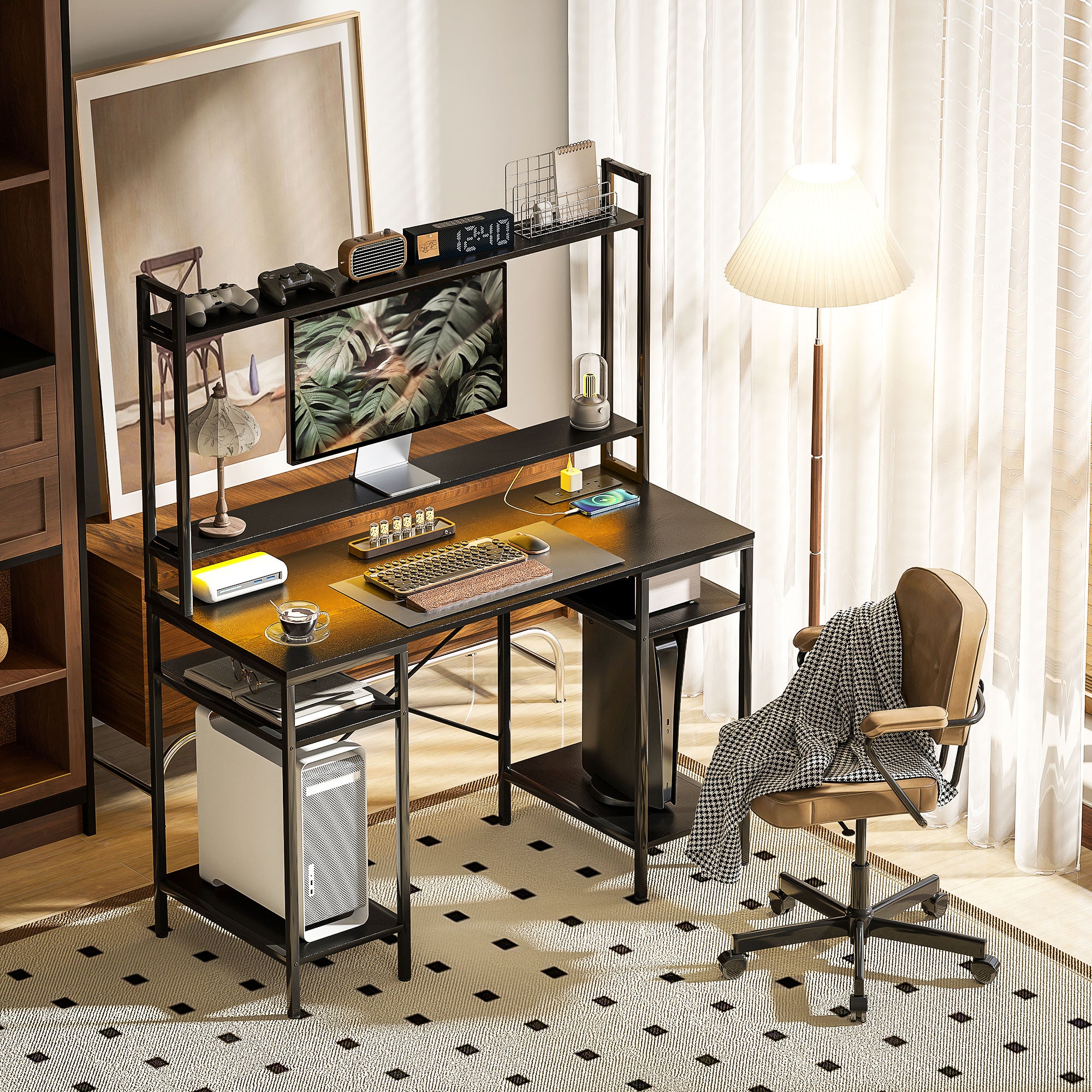 HOMCOM Computer Desk with Power Outlets and LED Lights, Home Office Desk with Monitor Stand and 2 CPU Stands, Study Table Gaming Desk with Hutch, Black - North Peak Garden Furniture
