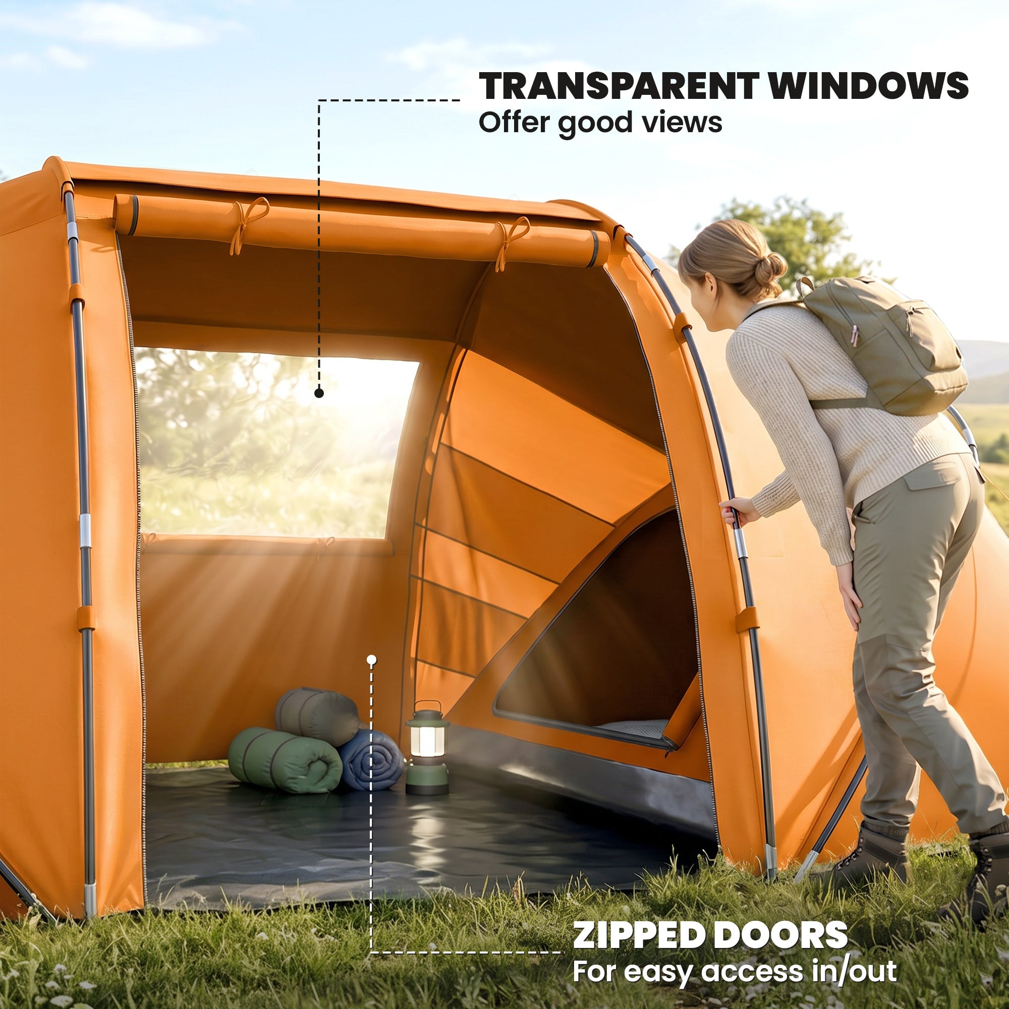 Outsunny 4-6 Man Camping Tent w/ Two Bedroom, Hiking Sun Shelter, UV Protection Tunnel Tent, Orange