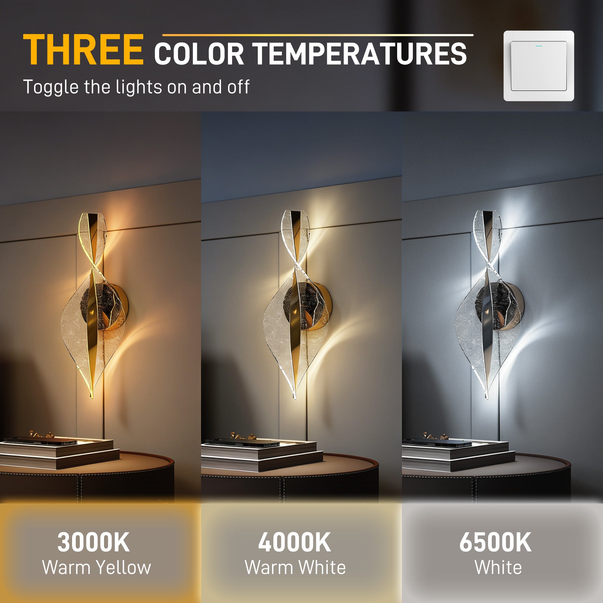 HOMCOM Led Wall Lamp 2 Pack, 13W Modern Indoor Spiral Wall Light, Colour Temperature Adjustable 3000K/4000K/6500K, for Bedroom, Living Room, Hallway, Stairs, Gold Tone