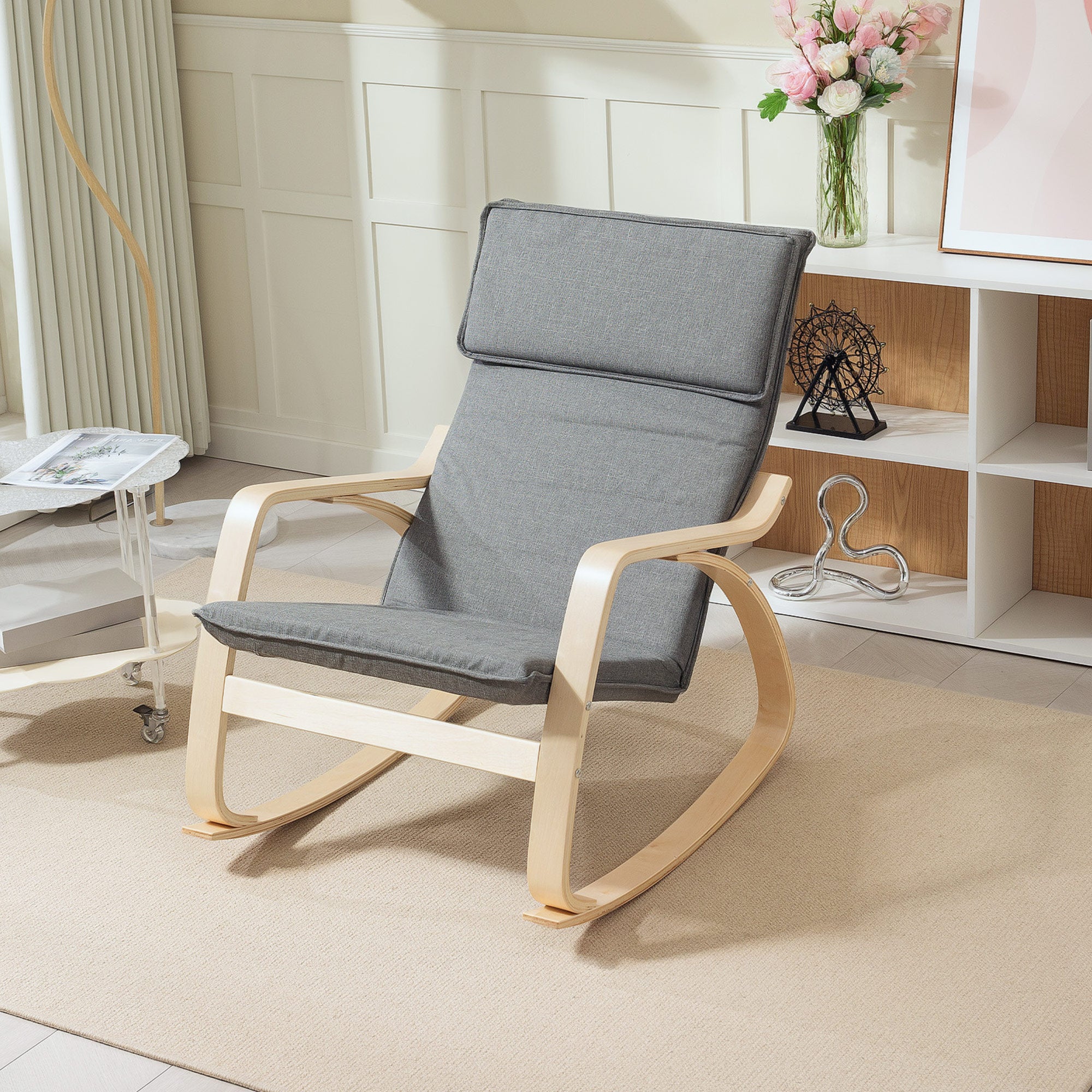 HOMCOM Comfortable Relax Rocking Chair, Upholstered Lounge Chair Recliner with High Back and Headrest for Living Room, Bedroom, Grey - North Peak Garden Furniture