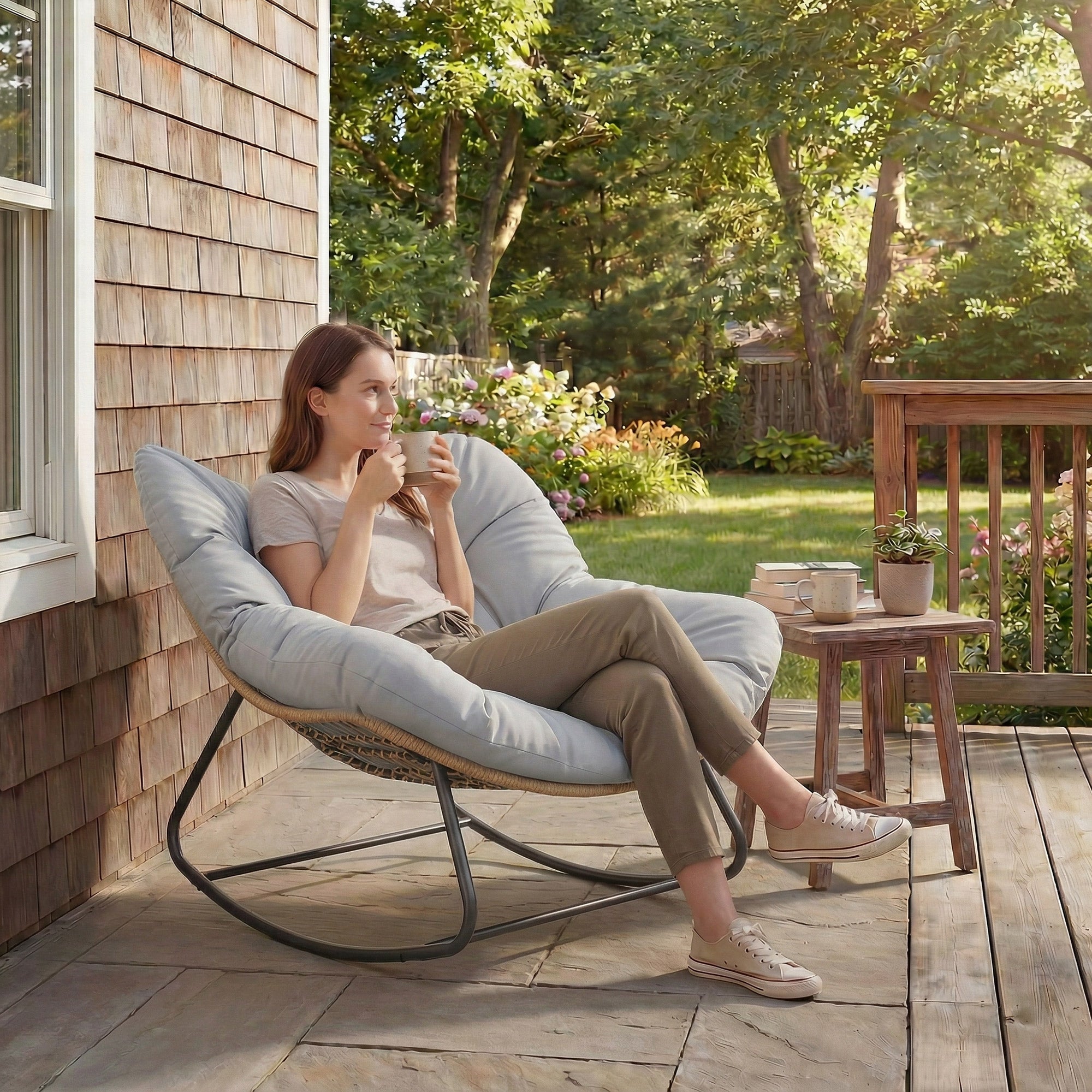 Outsunny Indoor Outdoor Rocking Chair, Oversized Rocking Egg Chair with Cushion for Living Room, Garden, Patio, Light Grey