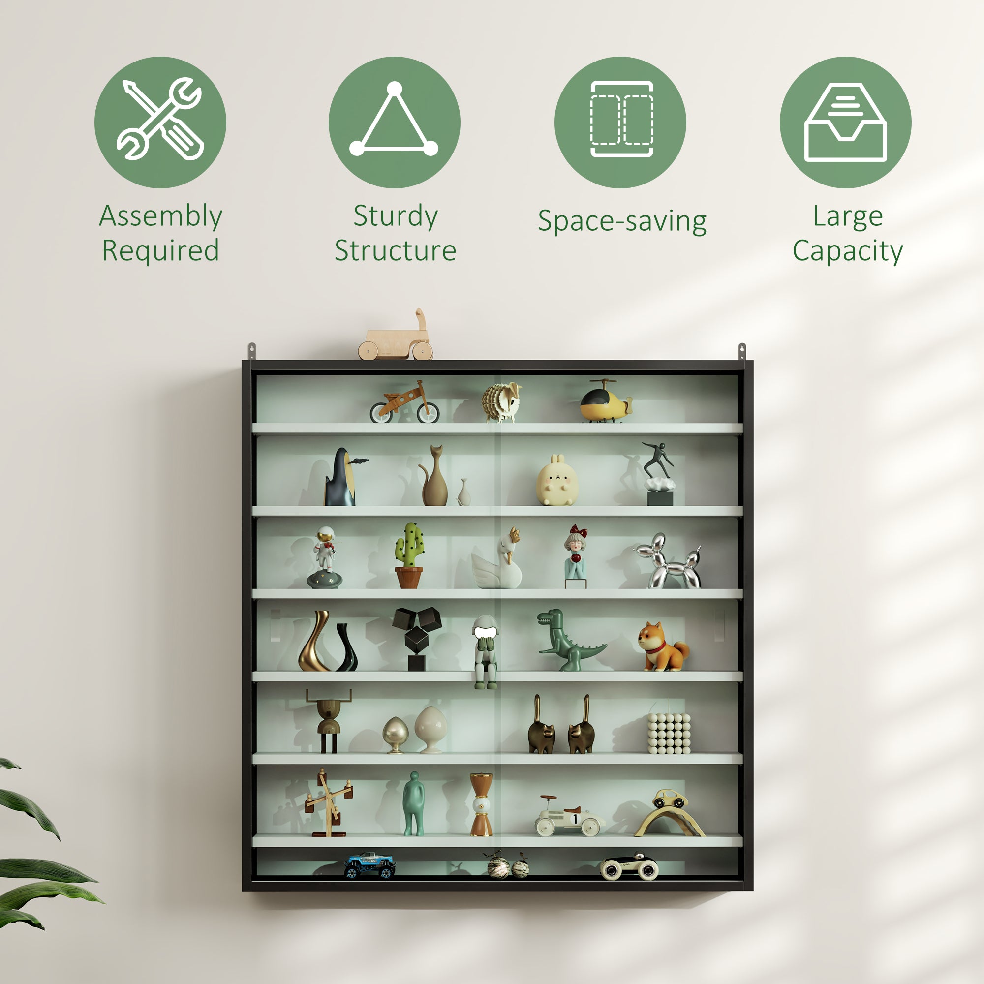 HOMCOM 7-Tier Wall Display Shelf Unit Cabinet w/ 6 Adjustable Shelves Glass Doors Home Office Ornaments 83x80cm, Black and White - North Peak Garden Furniture