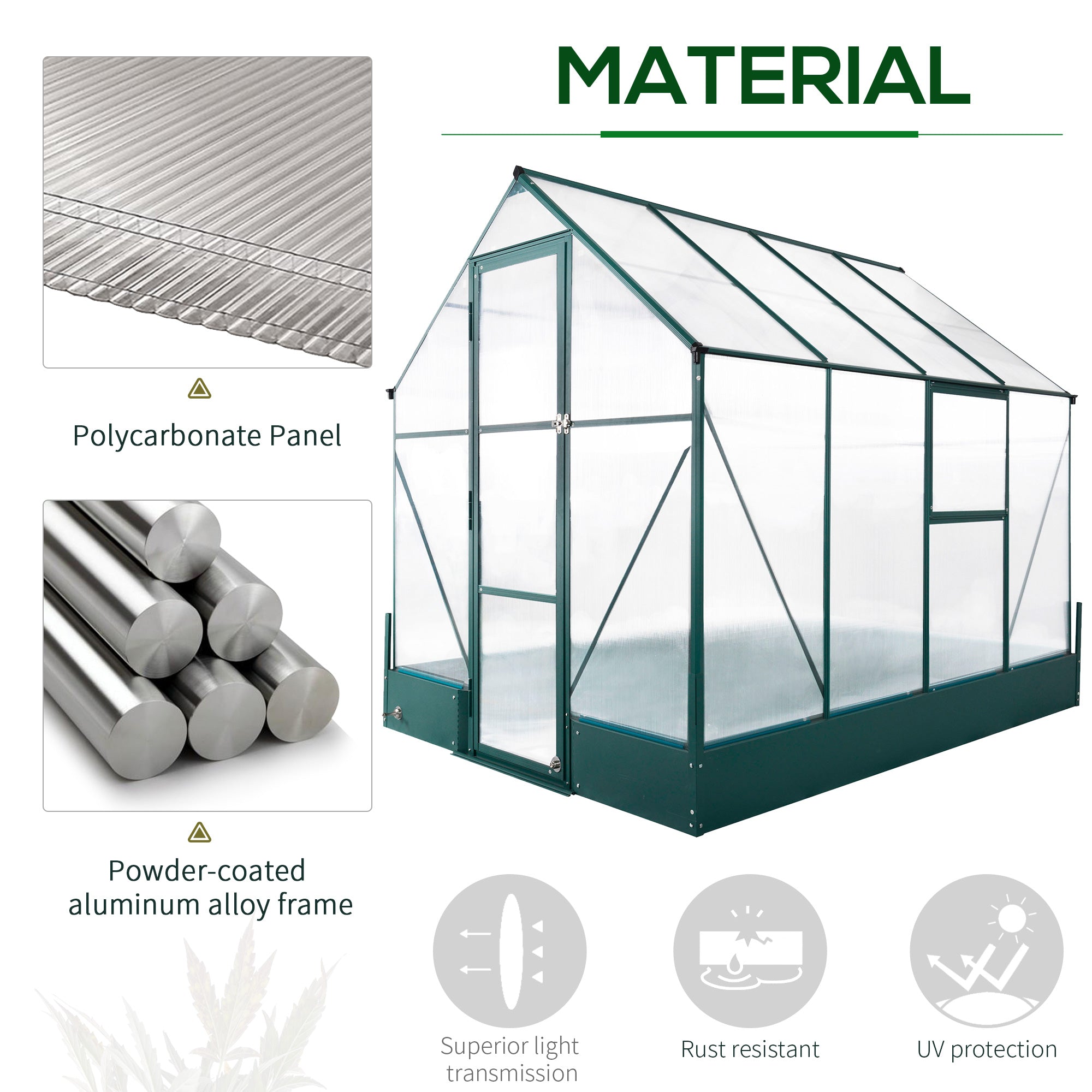 Outsunny Garden Walk-in Aluminium Greenhouse Polycarbonate with Plant Bed, Temperature Controlled Window, Foundation, 6 x 8ft - North Peak Garden Furniture