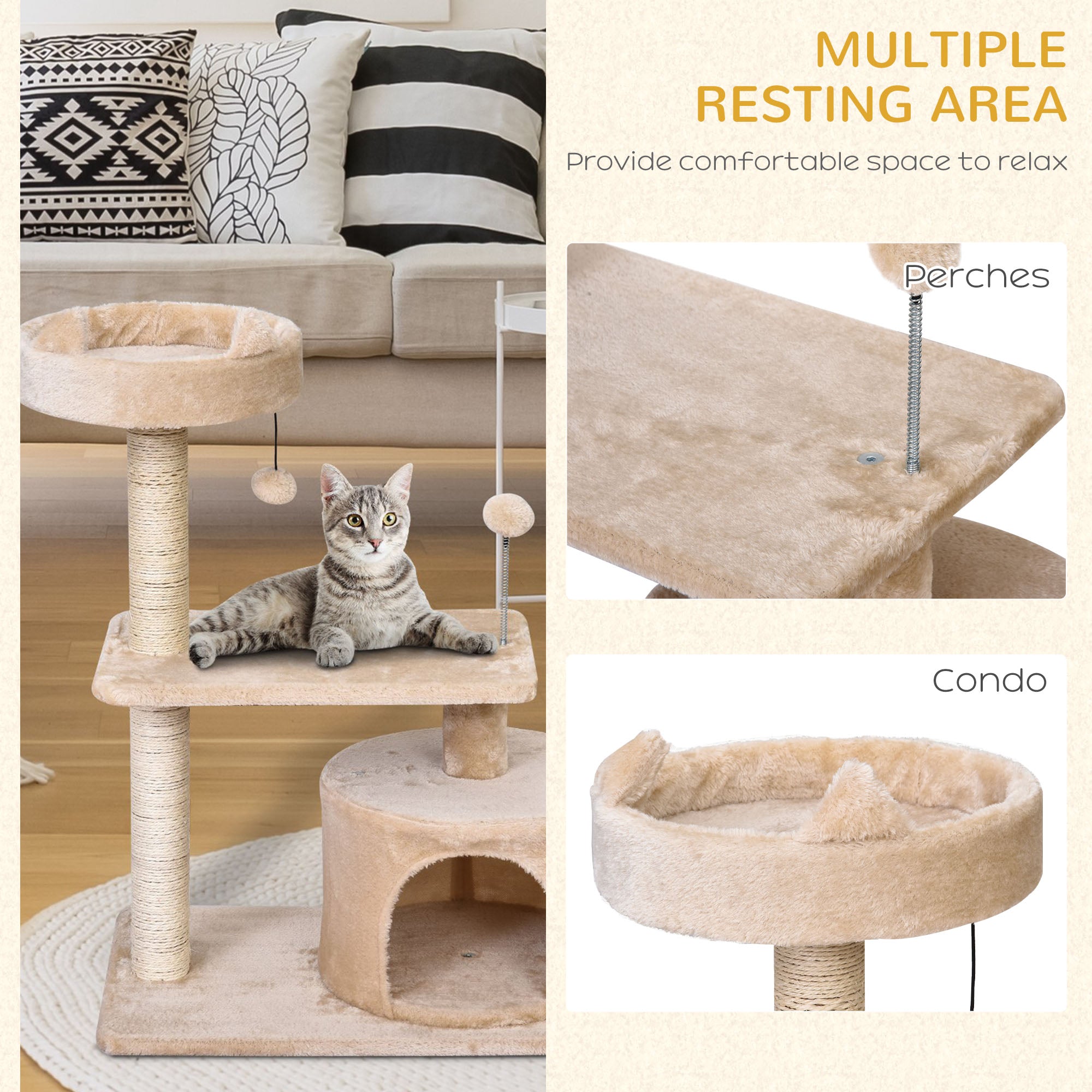 PawHut Multi Level Cat Tree for Indoor Cats with Scratching Post Bed Condo Perch, Kitten Climbing Tower, Beige 60L x 40W x 81H cm - North Peak Garden Furniture