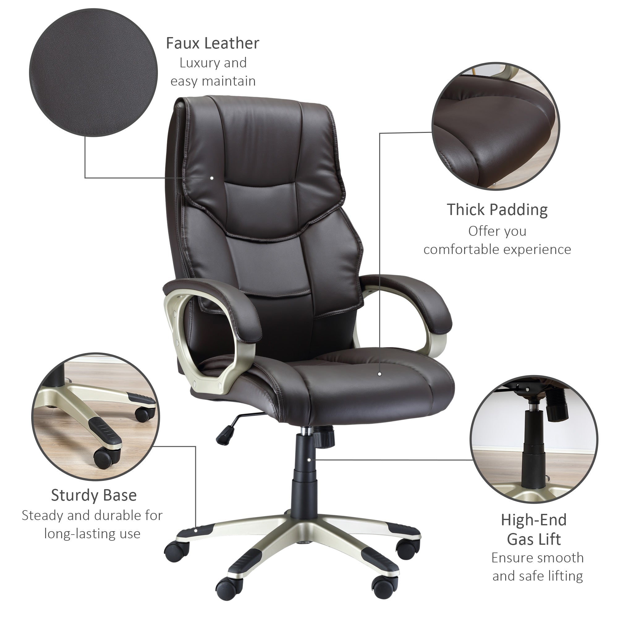 HOMCOM Home Office Chair High Back Computer Desk Chair with Faux Leather Adjustable Height Rocking Function Brown - North Peak Garden Furniture