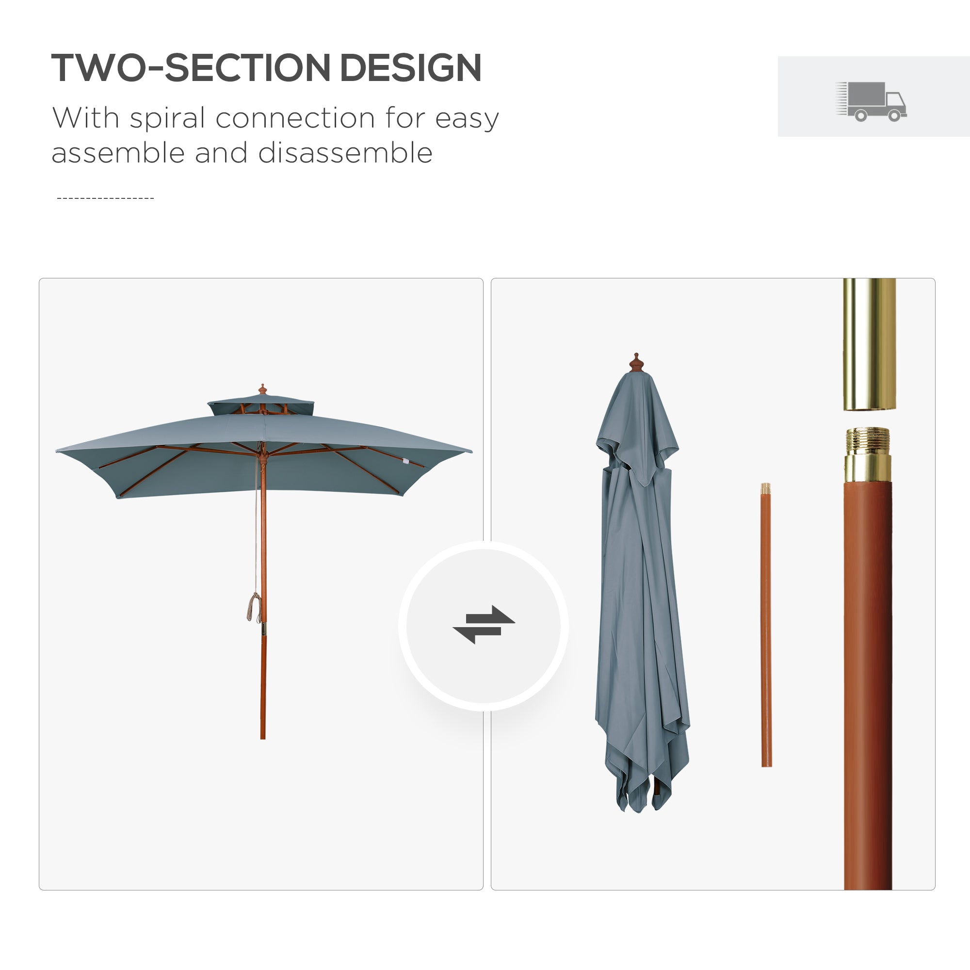 Outsunny 3 x 3 metre Patio Parasol Garden Umbrellas Sunshade Outdoor Wooden Parasol Canopy Double Tier, Dark Grey, BASE NOT INCLUDED - North Peak Garden Furniture