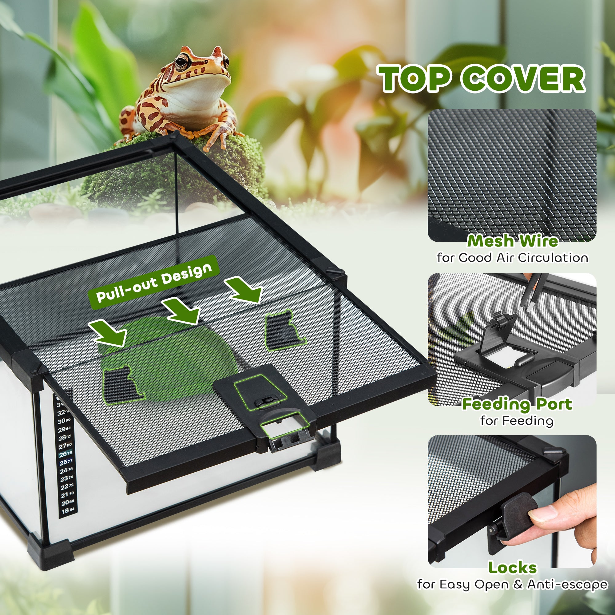 PawHut Glass Reptile Terrarium Insect Breeding Tank Vivarium Habitats with Thermometer for Lizards, Horned Frogs, Snakes, Spiders - Small 30 x 30 x 20cm - North Peak Garden Furniture