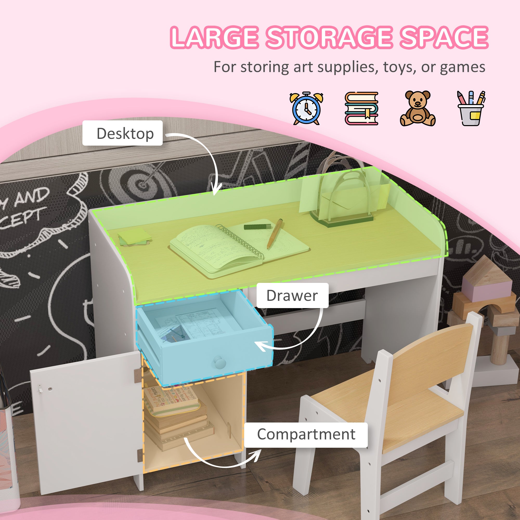 ZONEKIZ Kids Desk and Chair Set for 3-6 Years with Storage Drawer, Study Table and Chair for Children - White - North Peak Garden Furniture