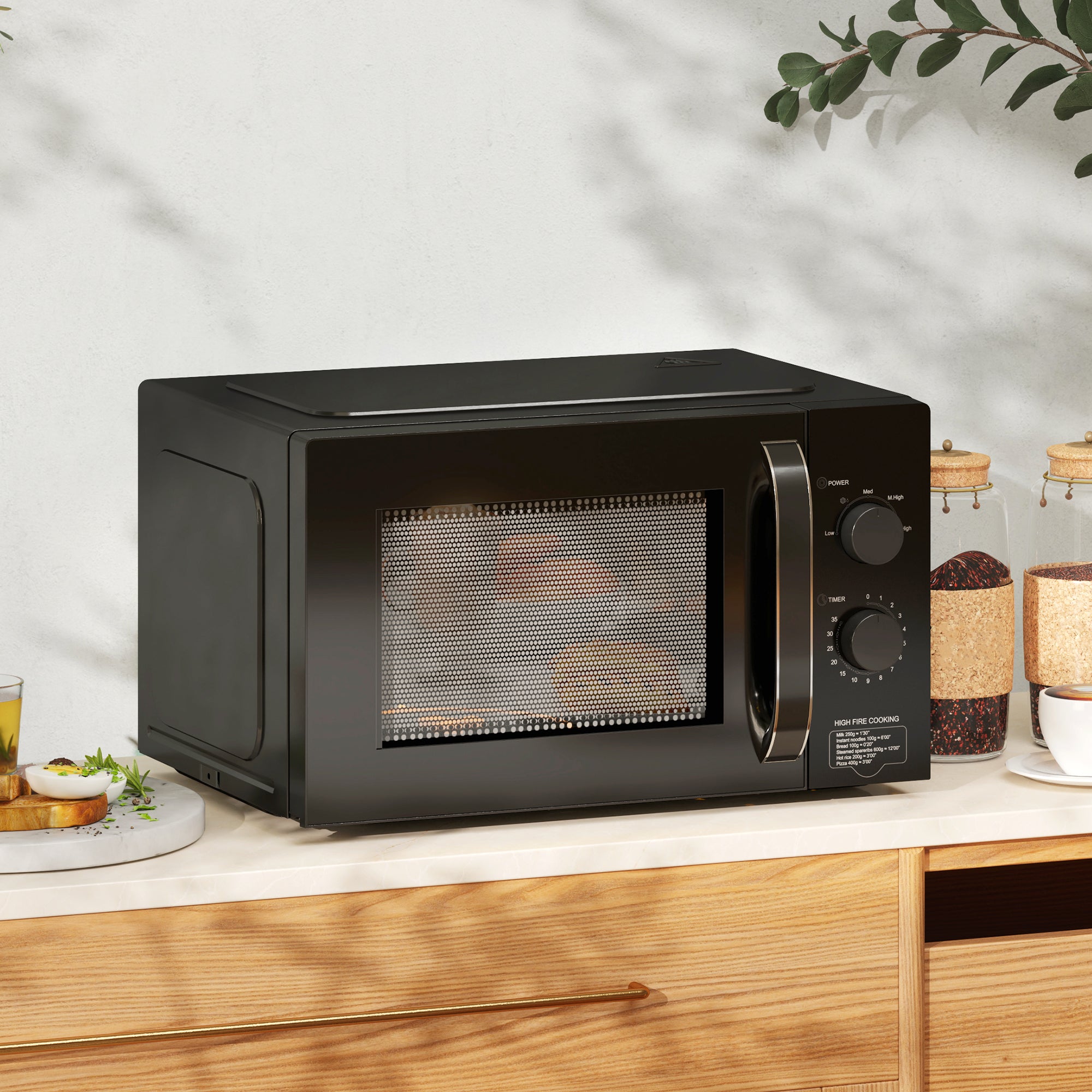 HOMCOM 23L 800W Microwave Oven, Solo Manual Microwave with 5 Power Levels, Defrost, 60 Minutes Timer, Clock, Easy Clean, Small Black Microwave - North Peak Garden Furniture