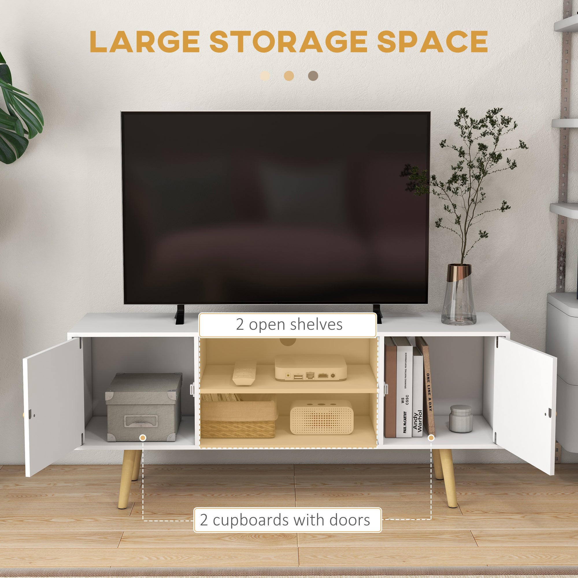 HOMCOM TV Unit Cabinet for TVs up to 55 Inches, TV Stand with Storage Shelves and Wood Legs for Living Room, White - North Peak Garden Furniture
