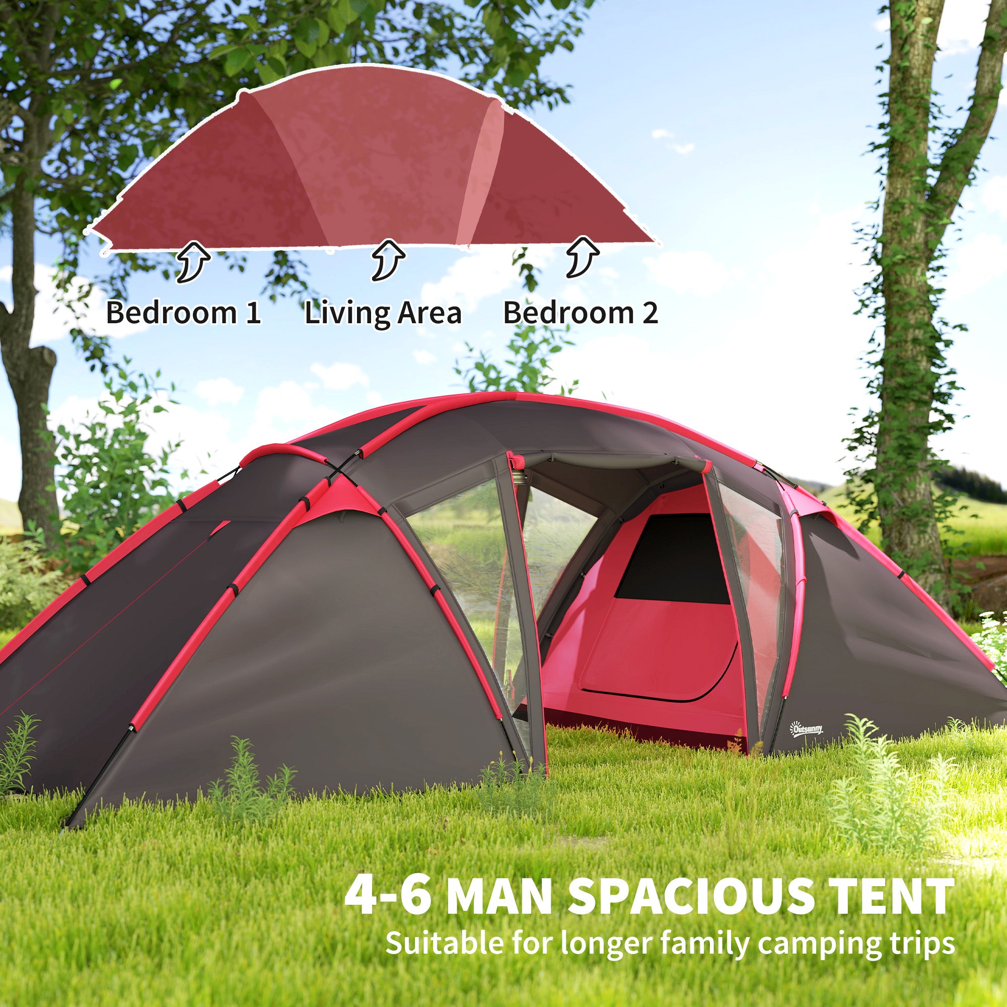 Outsunny 4-6 Man Family Camping Tent w/ 2 Bedrooms and a Living Room, Waterproof Tunnel Tent w/ Sewn In Groundsheet, Doors, Windows, Carry Bag, Grey - North Peak Garden Furniture