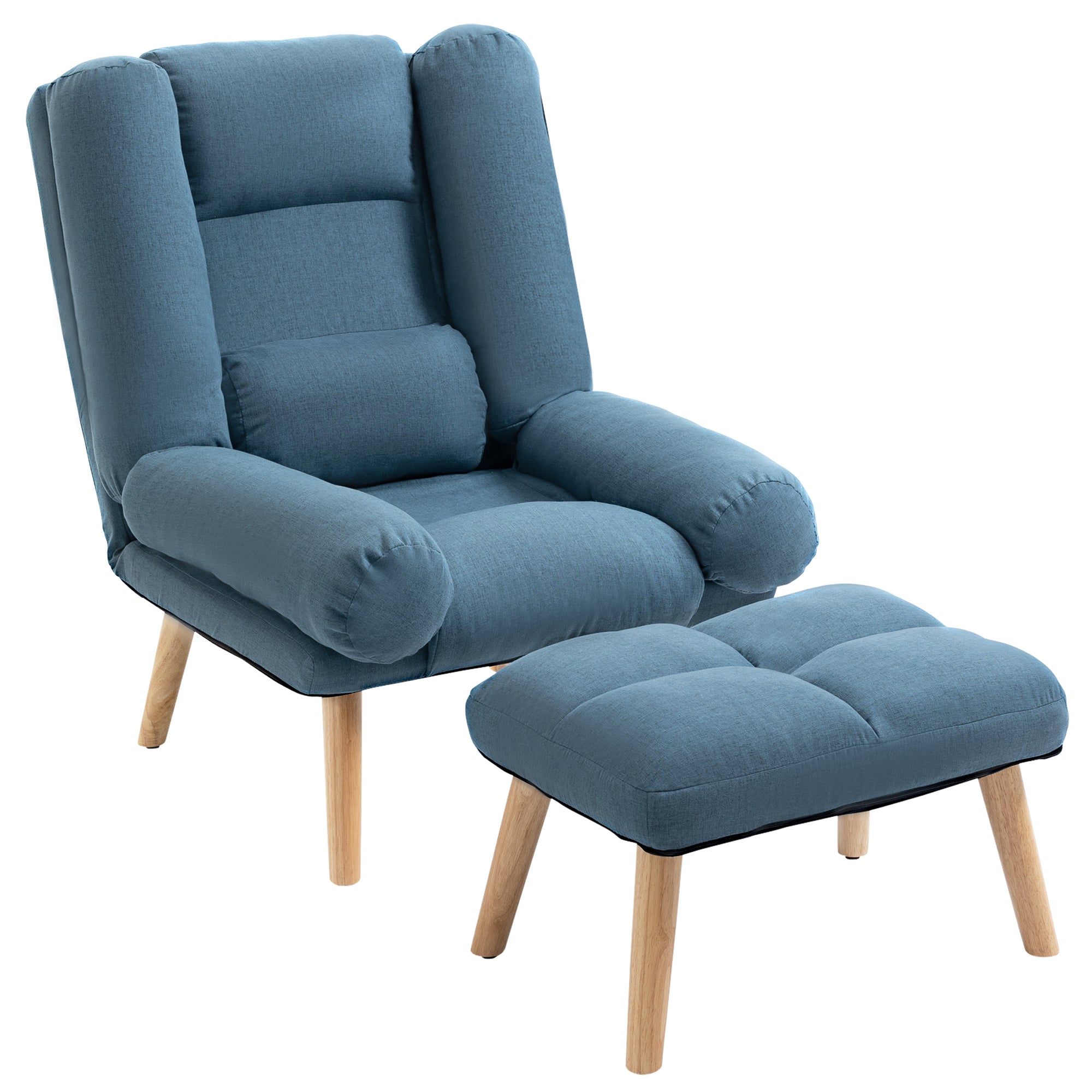 HOMCOM Armchair with Footstool, 180° Recliner with Ottoman, Accent Chair and Footstool with 3-Position Adjustable Backrest and Wooden Legs for Living Room, Blue - North Peak Garden Furniture