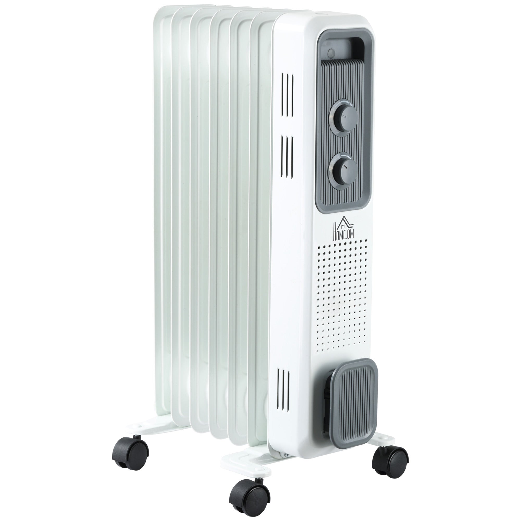 HOMCOM 1500W Oil Filled Radiator, 7 Fin, Portable Electric Heater with 3 Heat Settings, Safety Cut-Off and Wheels, White