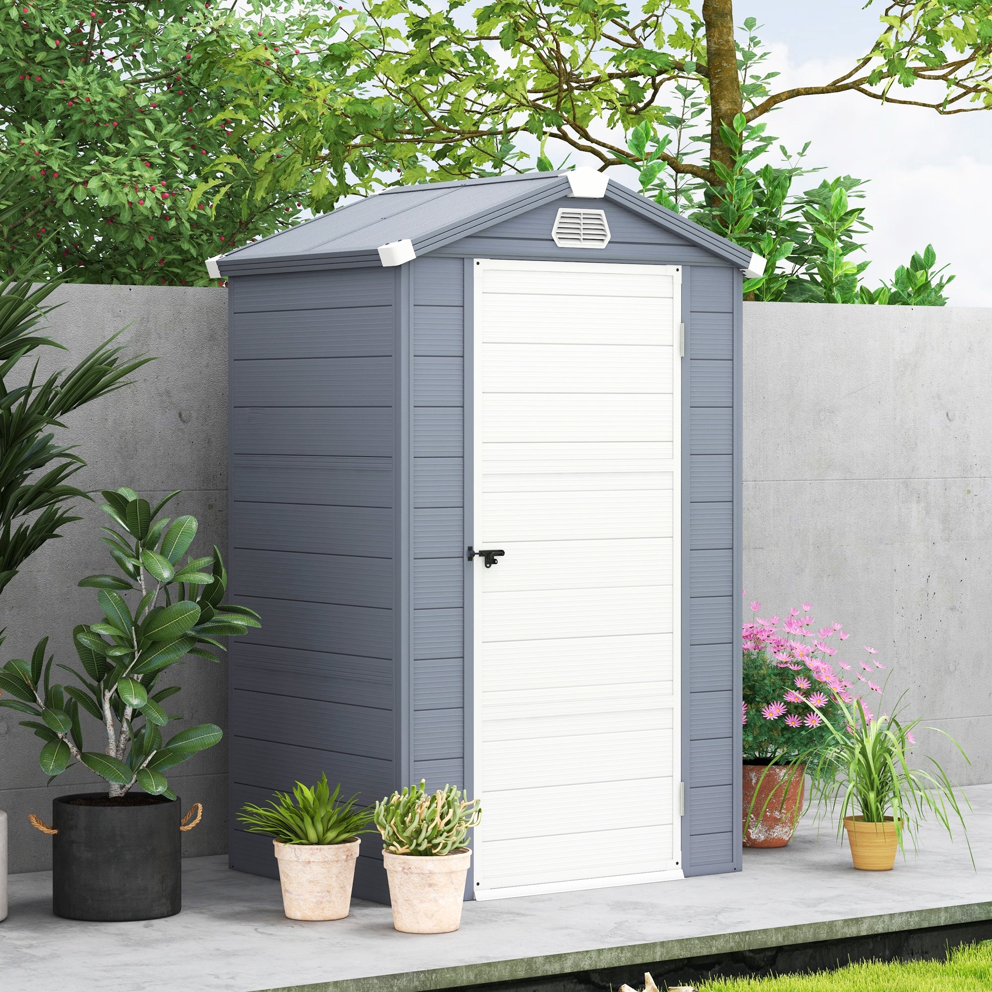 Outsunny 4.4ft x 3.3ft size Aluminium Frame and Plastic Wall Shed, with Foundation - Grey - North Peak Garden Furniture