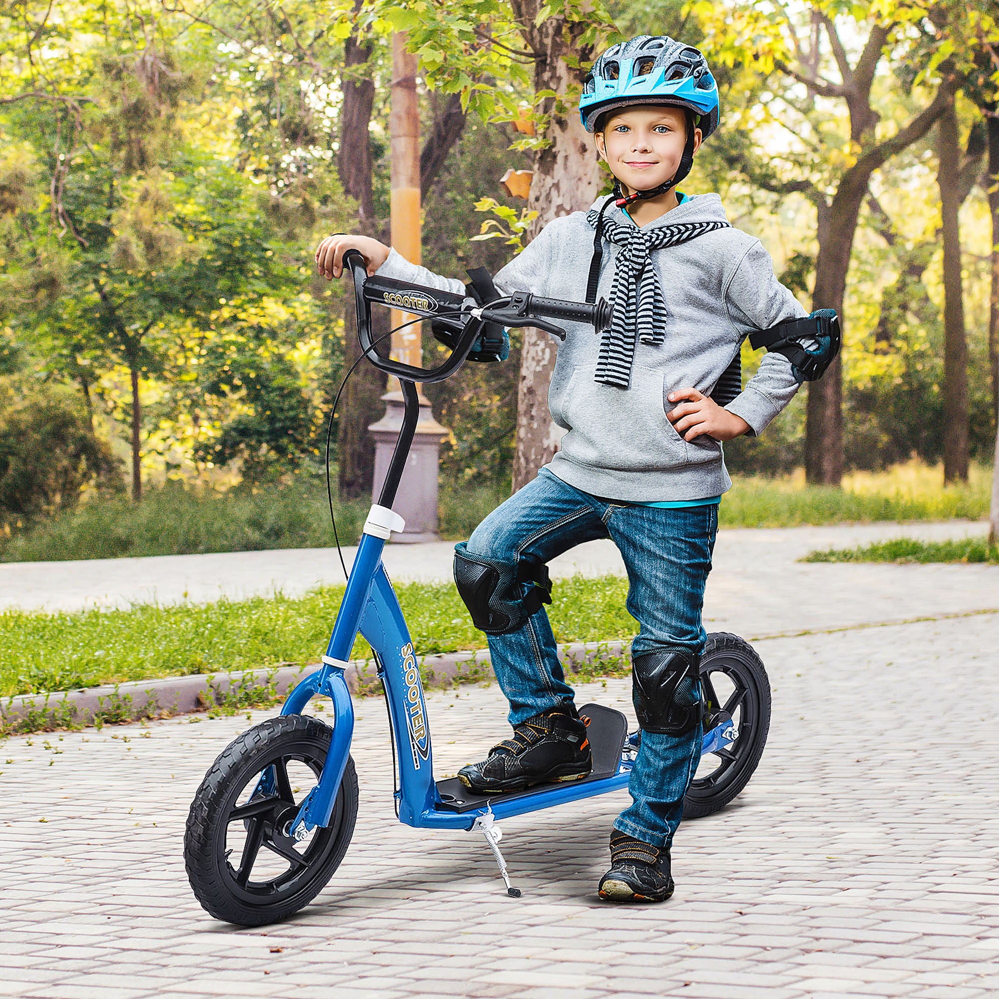 HOMCOM Teen Push Scooter, Kids Scooter w/ 12" EVA Tyres, Rear Brake, Foot Brace, Children Stunt Scooter Big Wheels Scooter for 5-12 Years Old, Blue