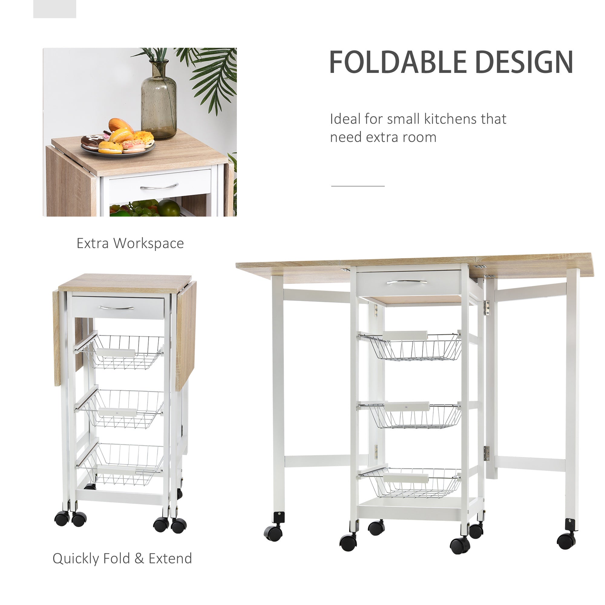 HOMCOM Drop-Leaf Kitchen Cart Trolley w/ 3 Baskets Drawer Surface Top 6 Universal Wheels Rolling Storage Unit Kitchen Home Dining Island White Oak Tone - North Peak Garden Furniture