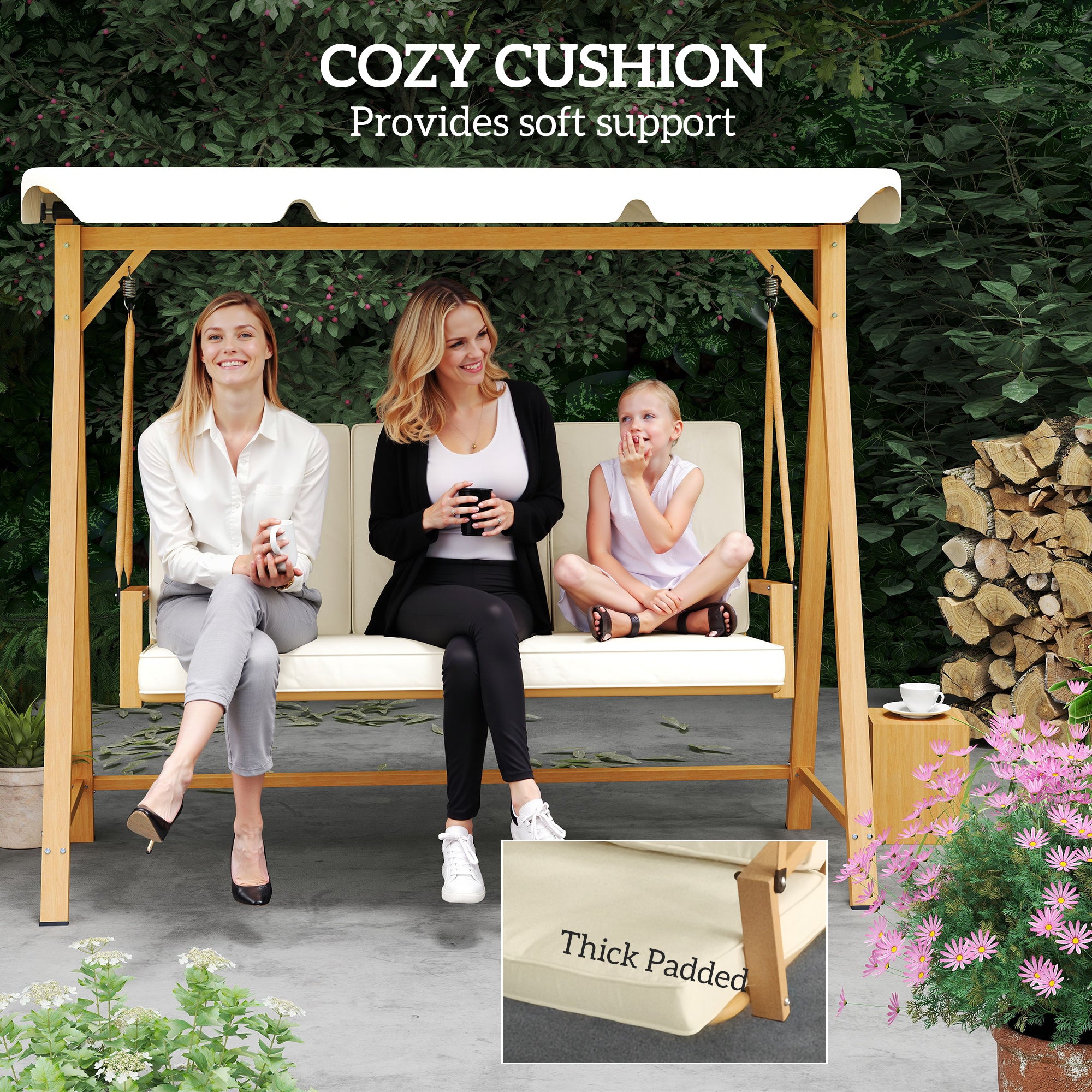 Outsunny Three-Seater Garden Swing Bench, with Adjustable Canopy - Beige - North Peak Garden Furniture