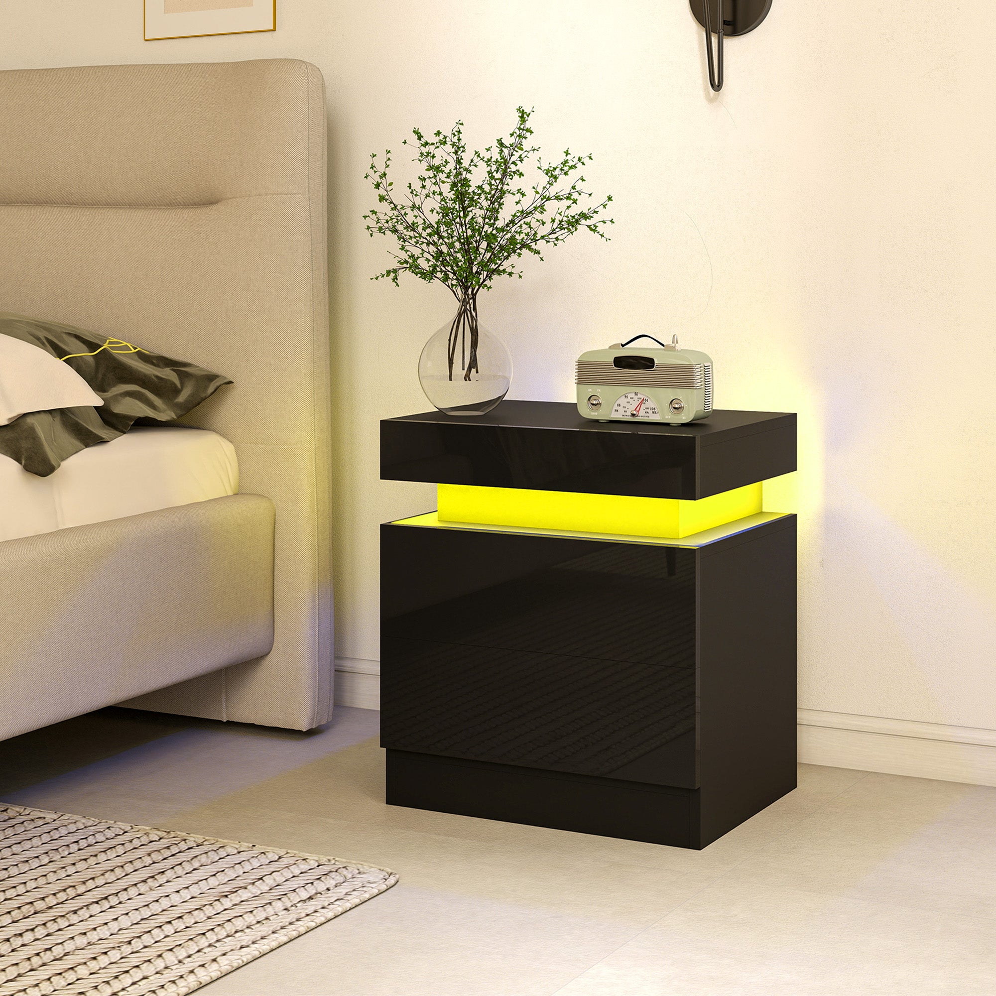 HOMCOM Black Bedside Table with LED Light, High Gloss Front Nightstand with 2 Drawers, for Living Room, Bedroom, Set of 2