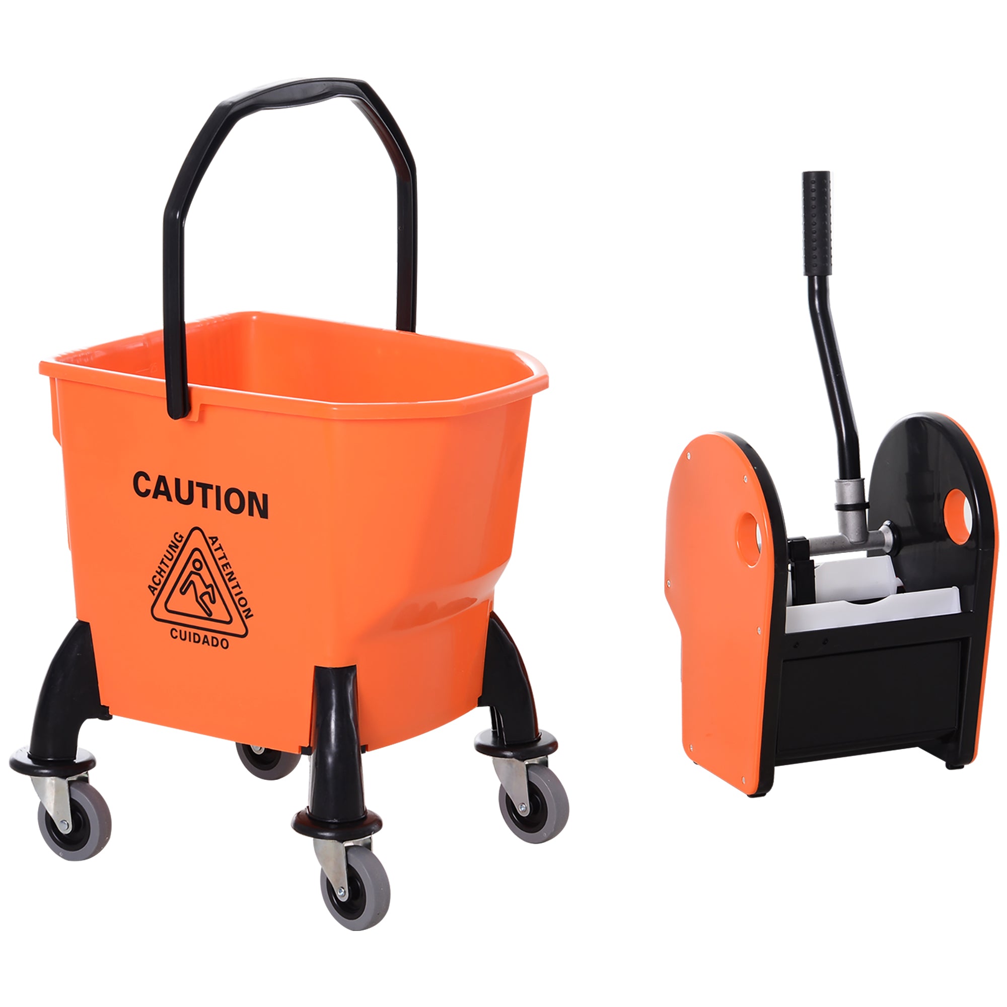 HOMCOM 25L Mop Bucket, with Wringer, Wheels and Handle - Orange - North Peak Garden Furniture