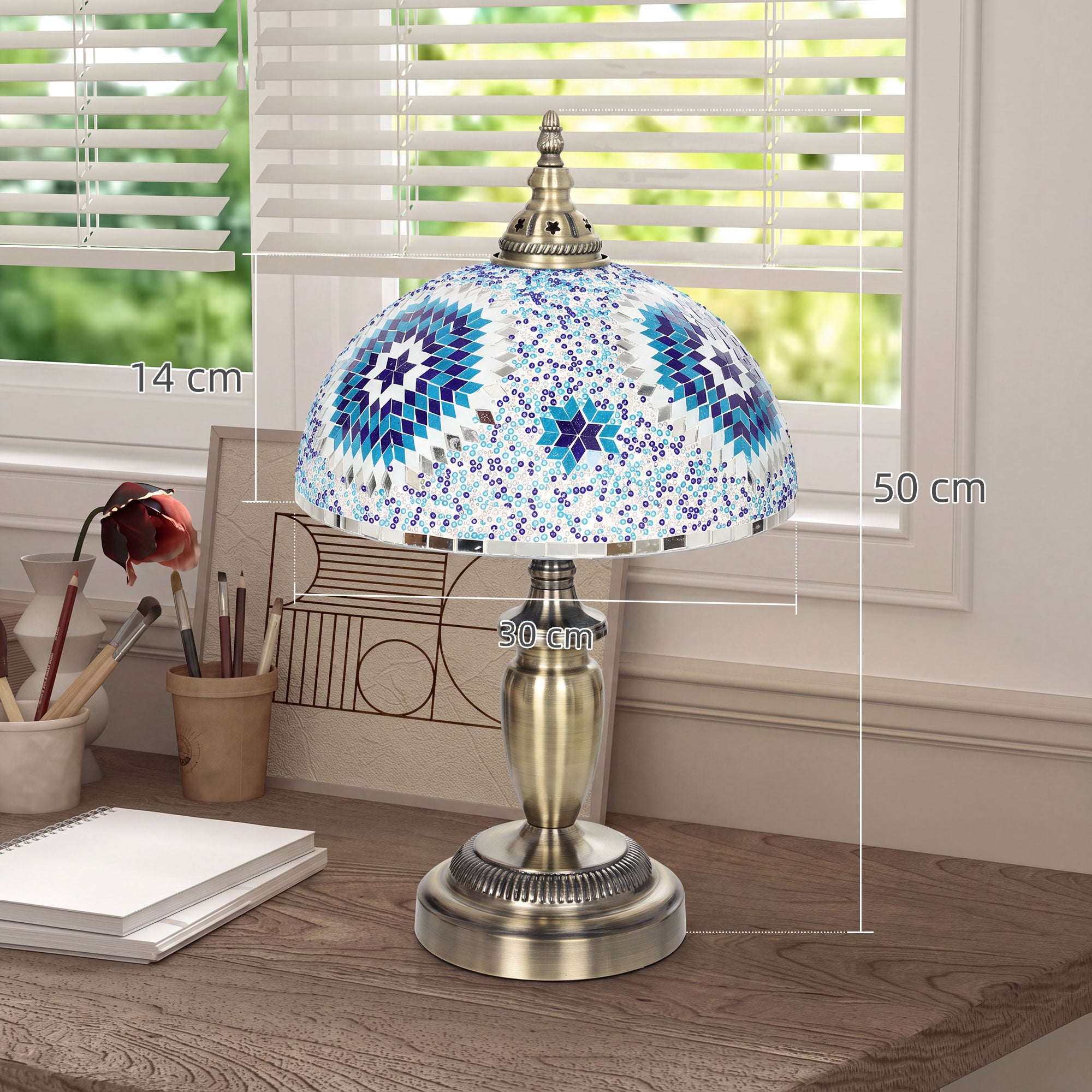 HOMCOM 30cm Tiffany Lamp, Stained Glass Bedside Table Lamp with Button Switch and Metal Base, Blue